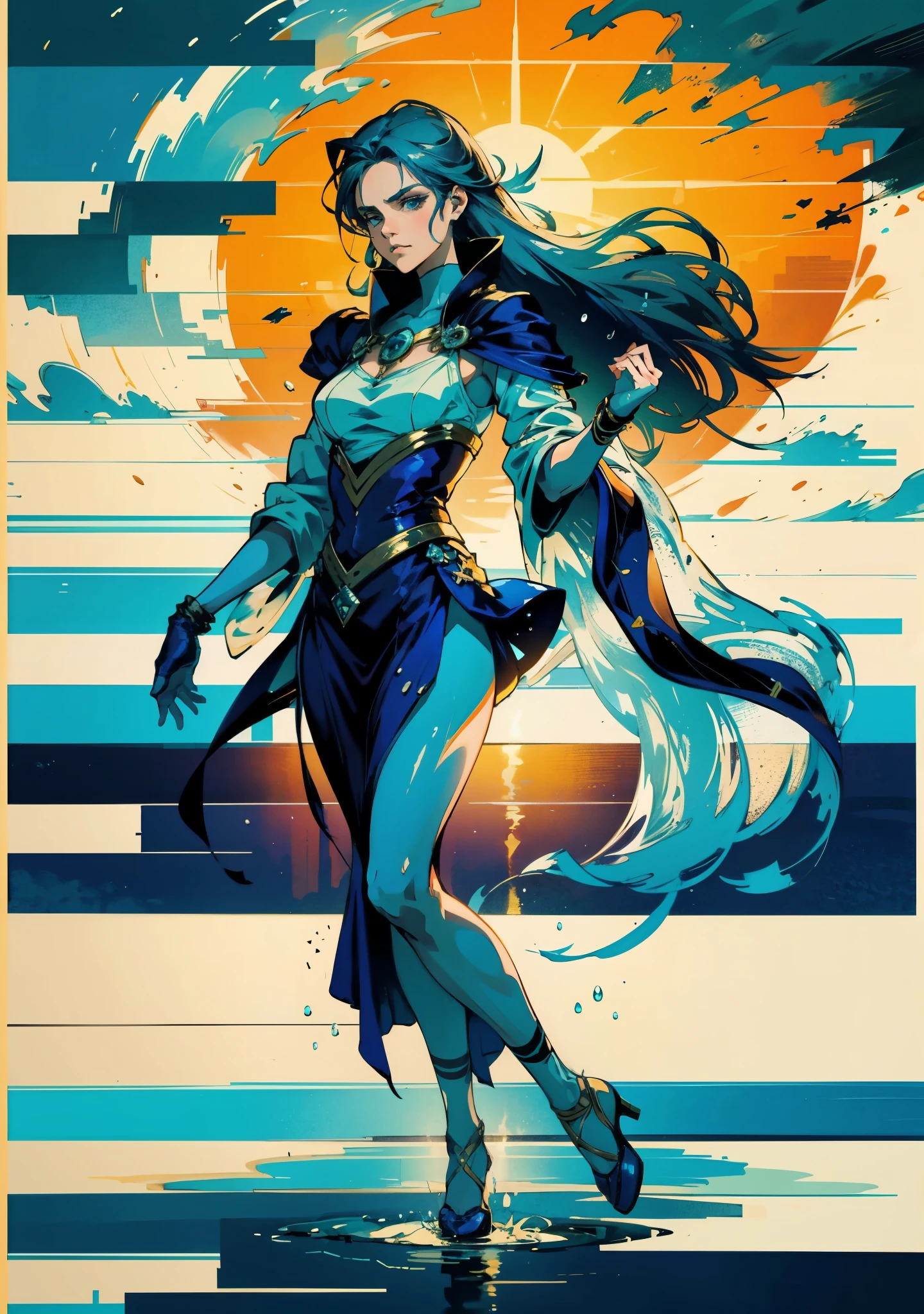 A beautiful woman with cascading waves of aqua-blue long hair, exquisite facial features, a melancholic expression, delicate and bright eyes, skin as smooth and radiant, her slender and graceful figure dances like water splashes in the wind, a splendid fantasy-style islander ethnic costume, a short skirt resembling ocean waves, her slender legs leap lightly above the water surface, surrounded by splashing droplets that dance in the air, this character embodies a finely crafted fantasy-style female dancer in anime style, exquisite and mature manga art style, high definition, best quality, highres, ultra-detailed, ultra-fine painting, extremely delicate, professional, anatomically correct, symmetrical face, extremely detailed eyes and face, high quality eyes, creativity, RAW photo, UHD, 8k, Natural light, cinematic lighting, masterpiece-anatomy-perfect, masterpiece:1.5