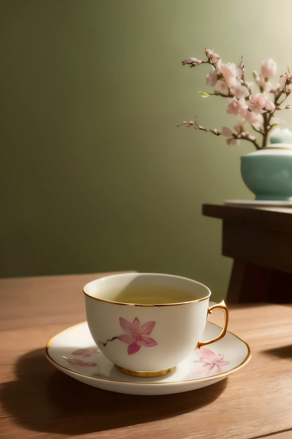 A beautifully crafted tea cup of sakura color rests gracefully on the table, filled with steaming hot green tea. The image is presented in high definition, with a resolution of 720p, capturing every intricate detail and texture of the cup and its content. The cup, with its delicate pink hue, contrasts beautifully with the vibrant green tea inside, creating a visually pleasing and calming scene. The background is plain and unassuming, allowing the focus to remain on the tea cup and the soothing brew it contains. (masterpiece), (HD:1.4), (exquisitely detailed), (realistic:1.2)