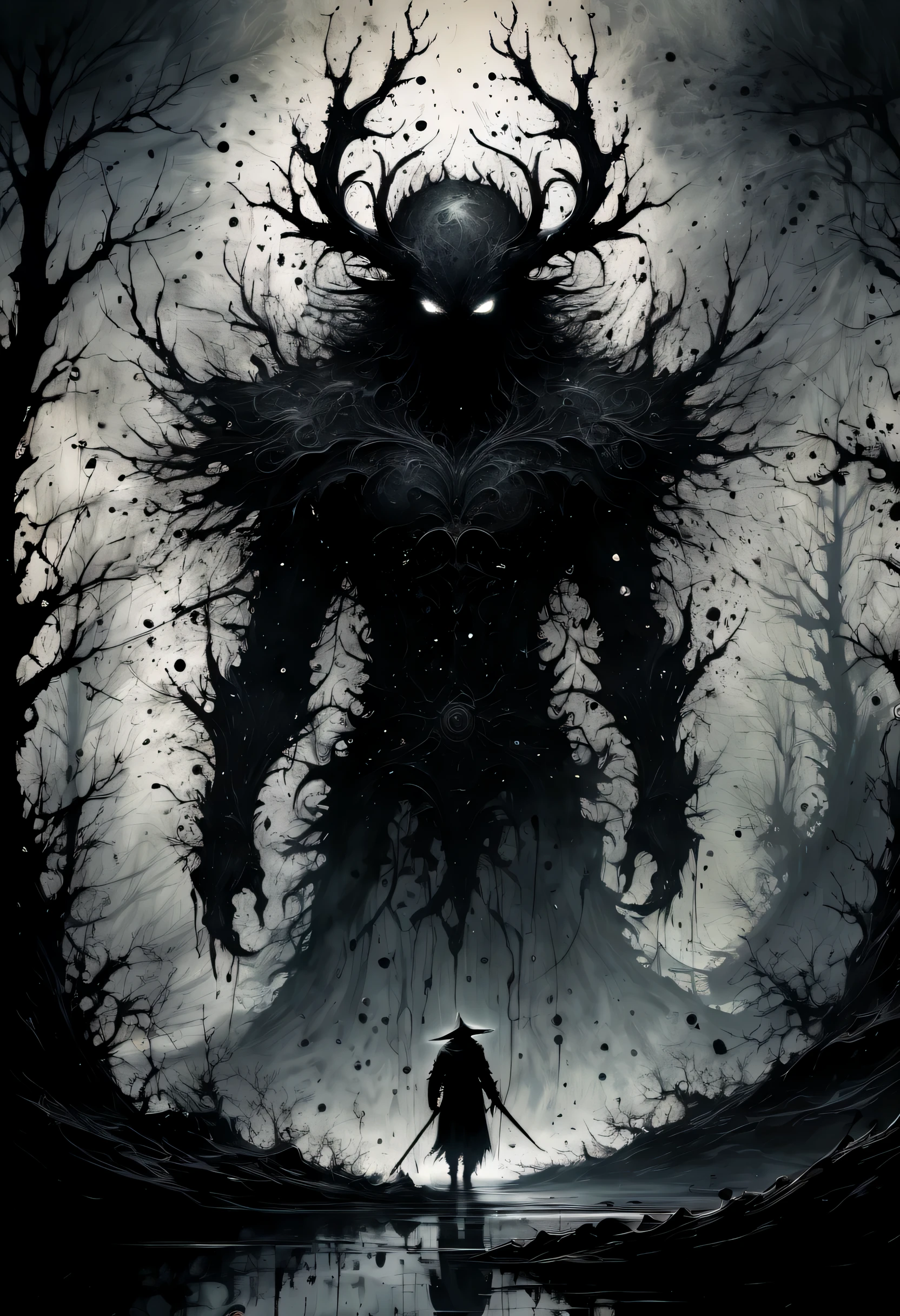 morbid gigantic creature meeting a human in a dark magical forest, Zdzisław Beksiński style art