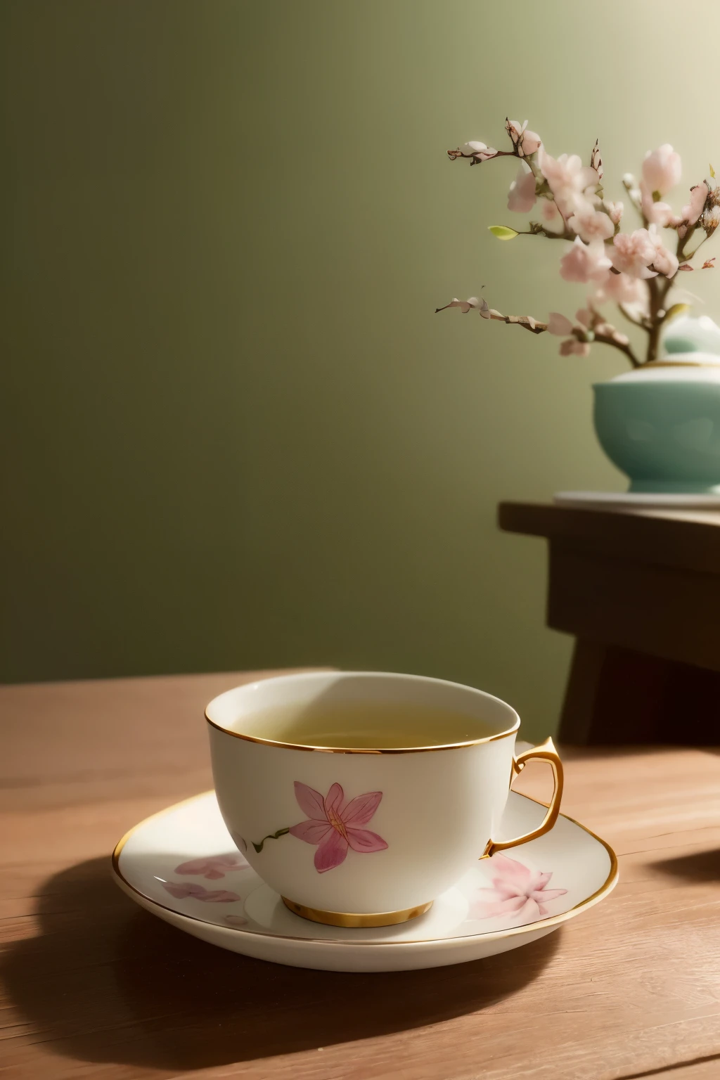 A beautifully crafted tea cup of sakura color rests gracefully on the table, filled with steaming hot green tea. The image is presented in high definition, with a resolution of 720p, capturing every intricate detail and texture of the cup and its content. The cup, with its delicate pink hue, contrasts beautifully with the vibrant green tea inside, creating a visually pleasing and calming scene. The background is plain and unassuming, allowing the focus to remain on the tea cup and the soothing brew it contains. (masterpiece), (HD:1.4), (exquisitely detailed), (realistic:1.2)