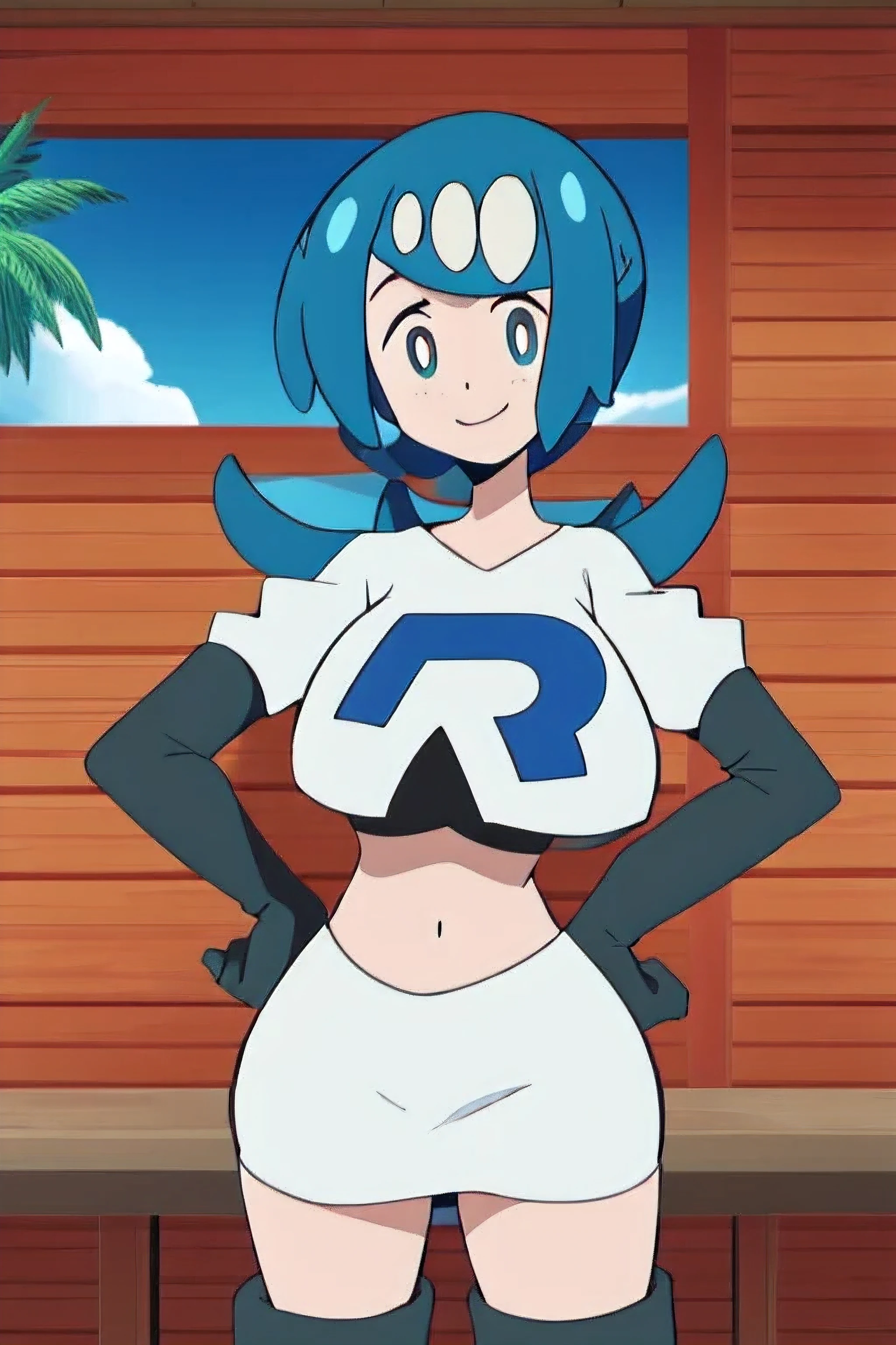 1girl in, (Solo:1.2), (Perfect body:1.1), (Best Quality:1.1), , very large breast, hands on hip,team rocket uniform, red letter r, white skirt,white crop top,black thigh-high boots, black elbow gloves, glaring angrily, looking at viewer, hands on hips,zettai ryouiki,