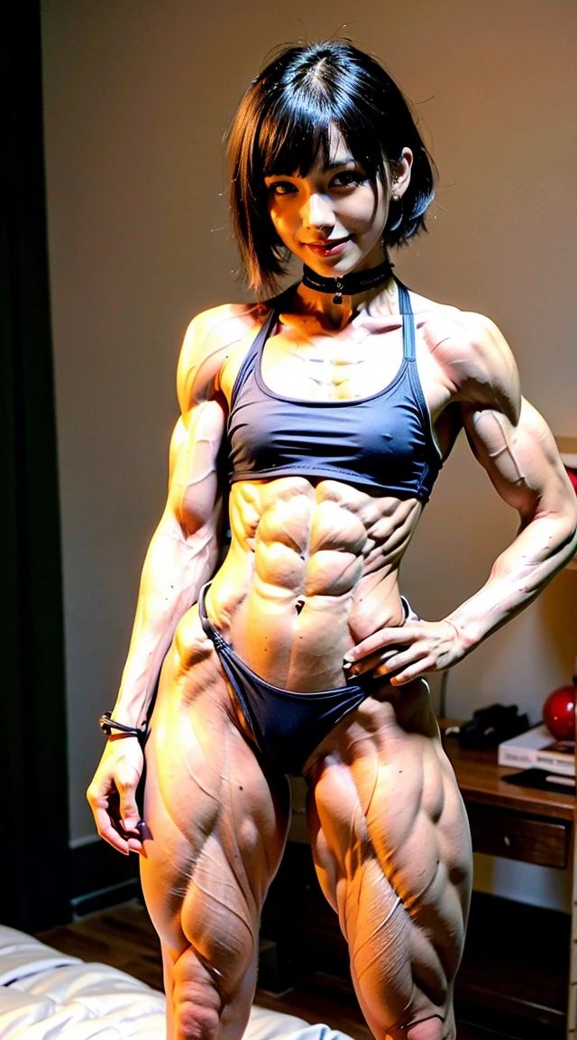 (Muscular:1.9), ((thick legs, wide hips:2)), (asian female:1.5), short shoulder length hair, jet black hair, (wearing glasses:1.1), earings, eyeshadow, lipstick, mole under eye, (freckles:0.9), (ten pack abs:1.5), upper body view, long hard nipples, ((small perky breast implants:1.5)), choker, (sexy micro bikini, small:1.5), (sculped muscles:1.9), detailed eyes, (athletic body:1.2), (muscular body:1.9), (looking at viewer), (smile:1.5), round ass, dark bedroom, nighttime, thigh high socks, rim lighting, two tone lighting, dimly lit, clean skin, low key (DETAILED SKIN), bangs, blunt bangs, licking lips, naughty face, naughty, bokeh, bokeh