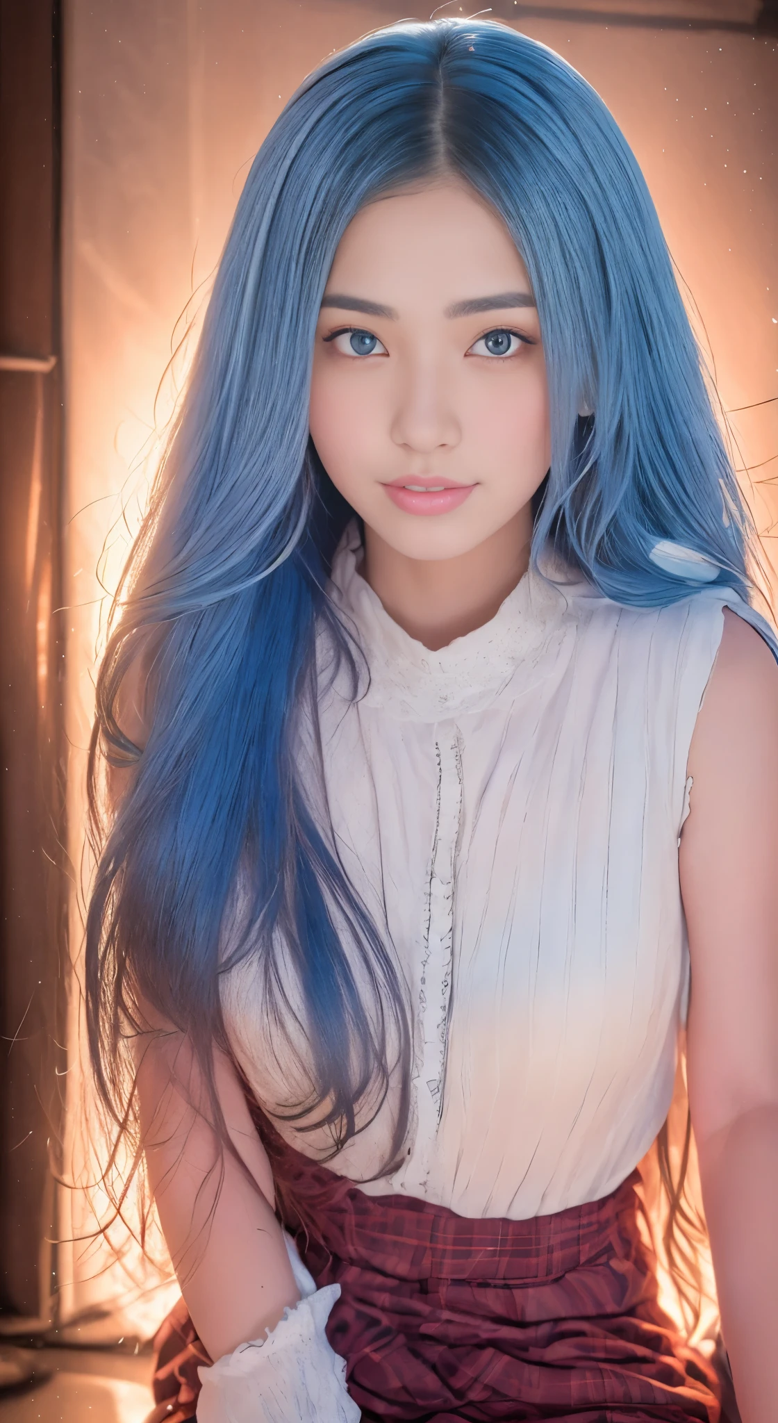 (detailed beautiful eyes and detailed face, masterpiece side light, masterpiece, best quality, detailed, high resolution illustration), (1 girl, beautiful girl, shiny skin), (sky blue hair, pink colored eyes, skirt, ribbon, button- shirt)(kneeling on the ground)