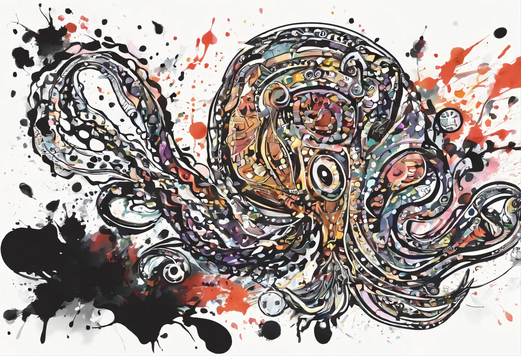 Squid splatters ink on paper，Form a unique ink art work