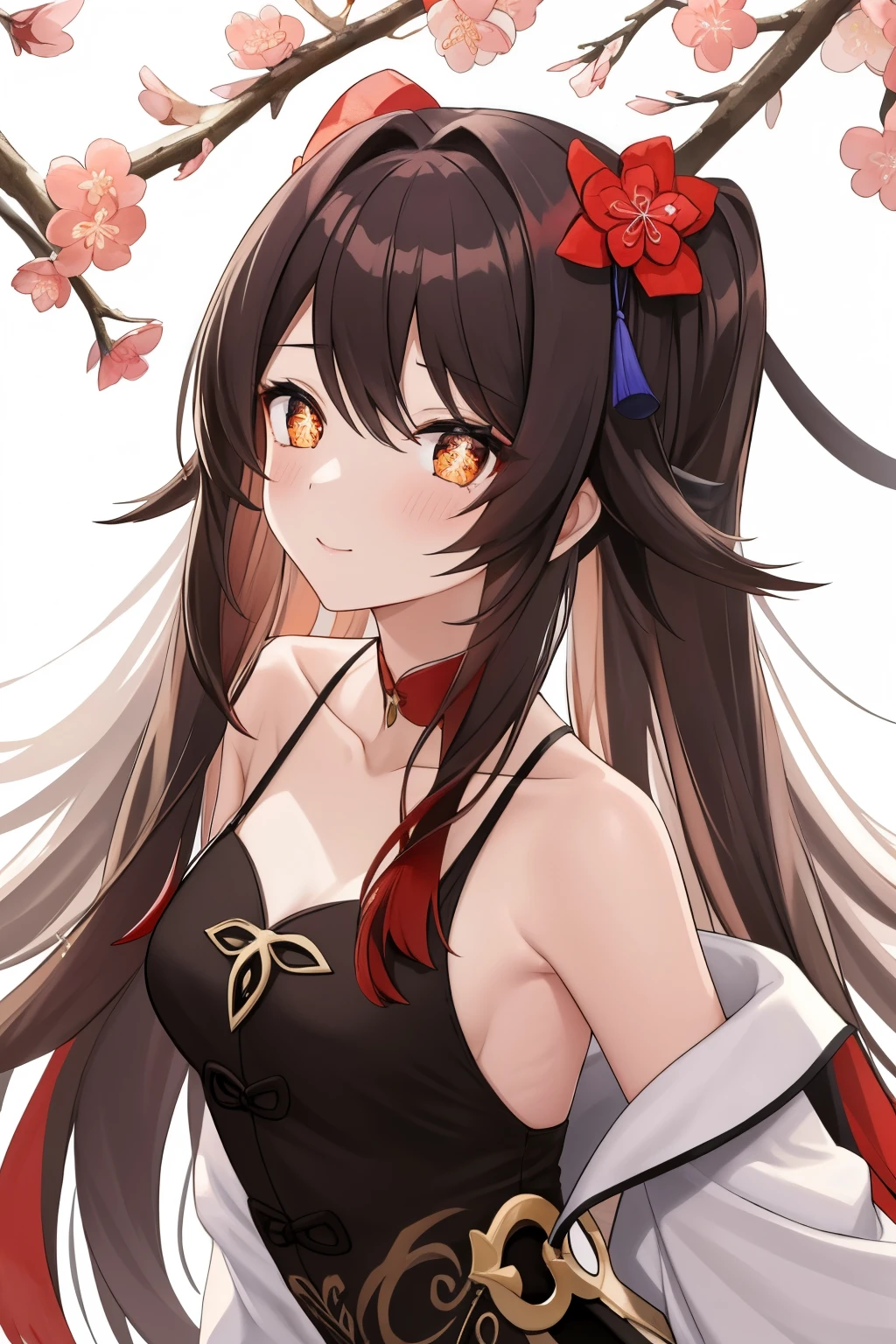 HuTaoV4,1girl,solo,long hair, off shoulder, collar bone, look at viewer, perfect fingers, armpit peek, Beautiful flowers bloom, (sparkles), (There is a blooming sakura),standing under a tree, (head looking up), Look at the tree, Natural soft light, macaron, Still ethereal, Crisp and smooth lines, radiant morning light, soft luminescent glow, armpit peek,