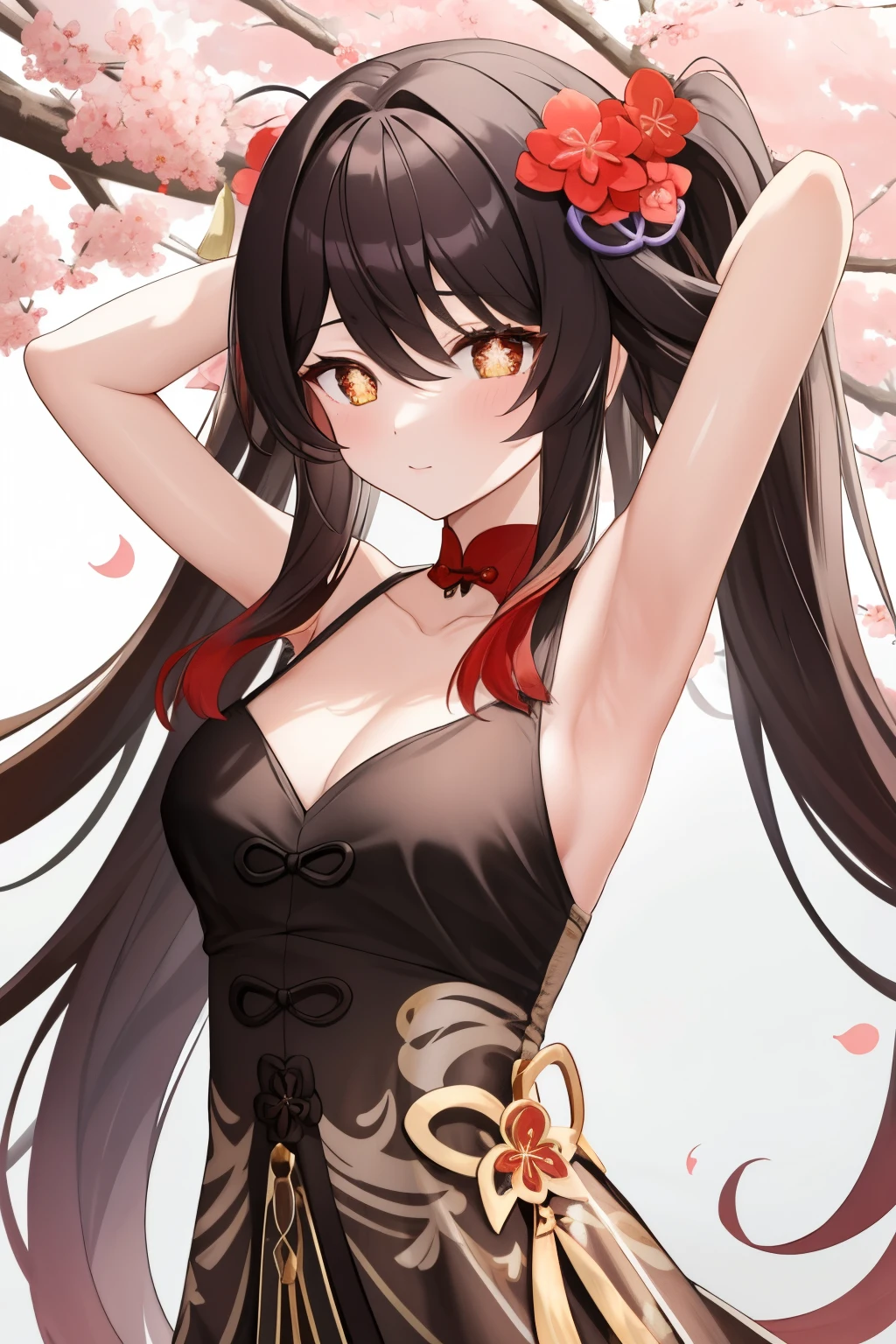 HuTaoV4,1girl,solo,long hair, off shoulder, collar bone, look at viewer, perfect fingers, armpit peek, Beautiful flowers bloom, (sparkles), (There is a blooming sakura)，standing under a tree, (head looking up), Look at the tree, Natural soft light, macaron, Still ethereal, Crisp and smooth lines, radiant morning light, soft luminescent glow, armpit peek,