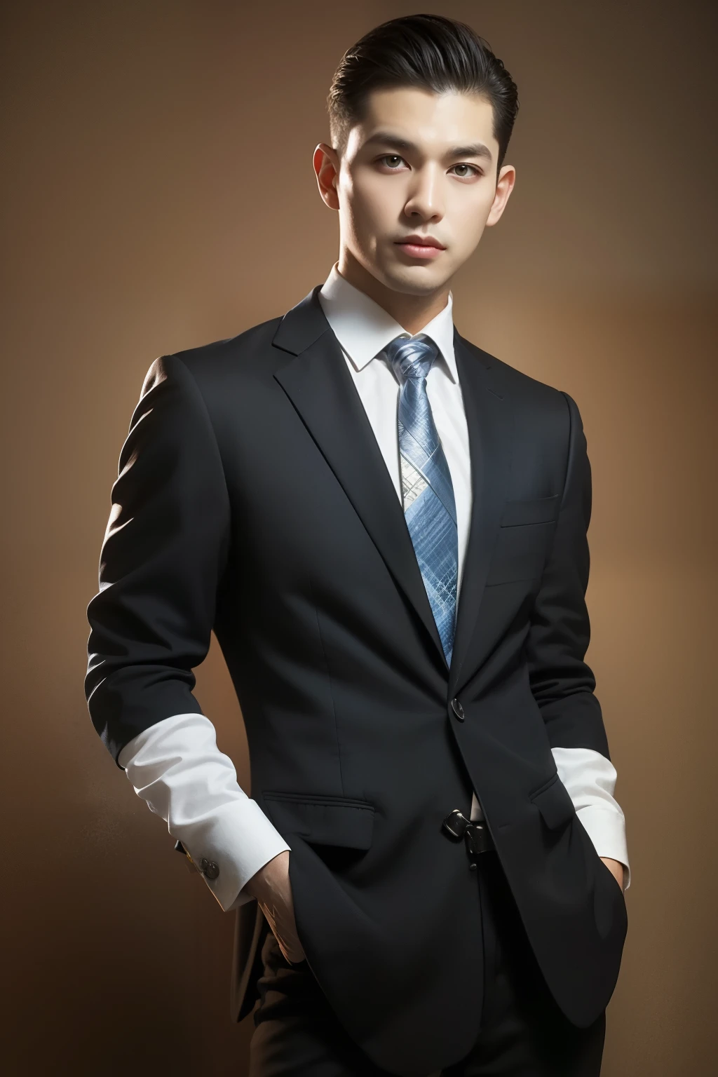 Black blazer， 18k, {{Masterpiece}}, Best quality, High quality:1.4), simplebackground，Brown background，，{{[[front look}}, Photo pose)]], very pretty look face, And very nice red eyes, 1man, solo, portrait of khabibnurmagomedov wear suit and tie, beard, serious, details, realistic, photography, blurry background, softfocus
