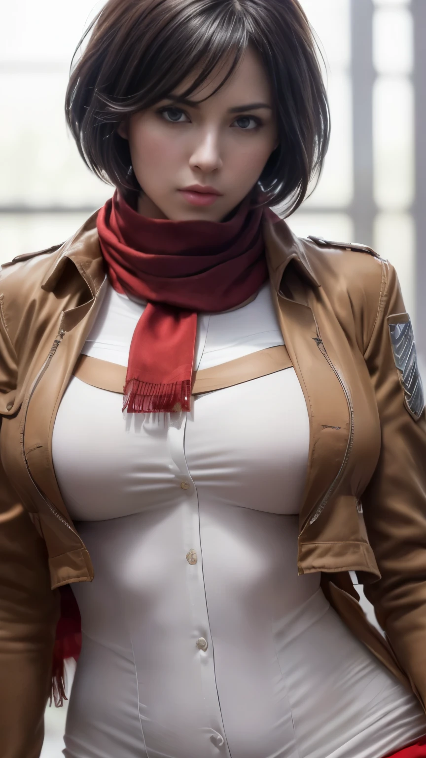 Mikasa, sexy body, Attack on Titan, AOT character, Mikasa character, ((Mikasa cosplay)), ((A very cute caucasian girl cosplaying Mikasa, posing model style), ((blur background)), 1 girl, wide range photoshoot, wide range, (milf), beautiful face, clear face, ((hot body)), ((dark brown jacket and white shirt)), (((wearing red scarf))), short brown skirt, ((AOT)), ((military dress style)), ((cosplay dress)), ((((Huge breasts: 0.9)))), ((no breasts)), coverd, (((Realistic))), ((well dressed)), waist curve pose, front side, (8k, RAW photo, top quality, masterpiece), (Realistic, photorealistic: 1.9), ((Full body shot)), stylish pose, ((Highly detailed skin: 1.2)), ((Realistic: 1.9)), Photos, masterpieces, top quality, (beautiful blue eyes, gorgeous pale grey black hair, white skin, thick body, lower abdomen bristles, perfect slim figure), various poses, model pose, ultra-detailed face, detailed eyes, a lot of people are looking at her with excitement, (((close-up))), sun light, cinematic, ((photoshoot)), photography