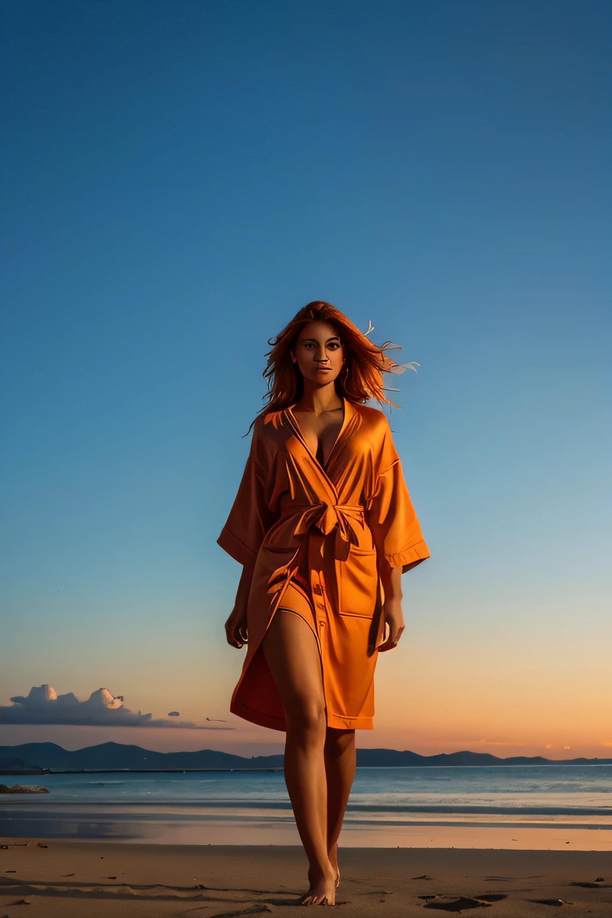 a photograph of a orange-haired tanned woman with windswept tresses, huge colossal pointy breasts, dressed is a ice-blue bathrobe, her hair entangled like flames against a twilight sky, emanating untamed beauty.