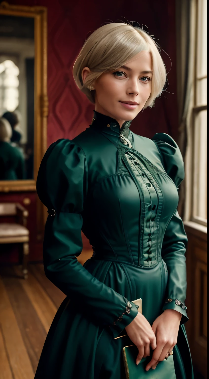 RAW photo of 50 years old Doutzen Kroes, Create dystopian masterpieces, victorian era, victorian era clothing, rich dress, wearing a Victorian-era dress with long-sleeves, green dress, victorian saloon, cinematic light, beautiful woman, medium breasts, blond platinum hair (bob haircut:1.2),  smile smile, wrinkles on the face,