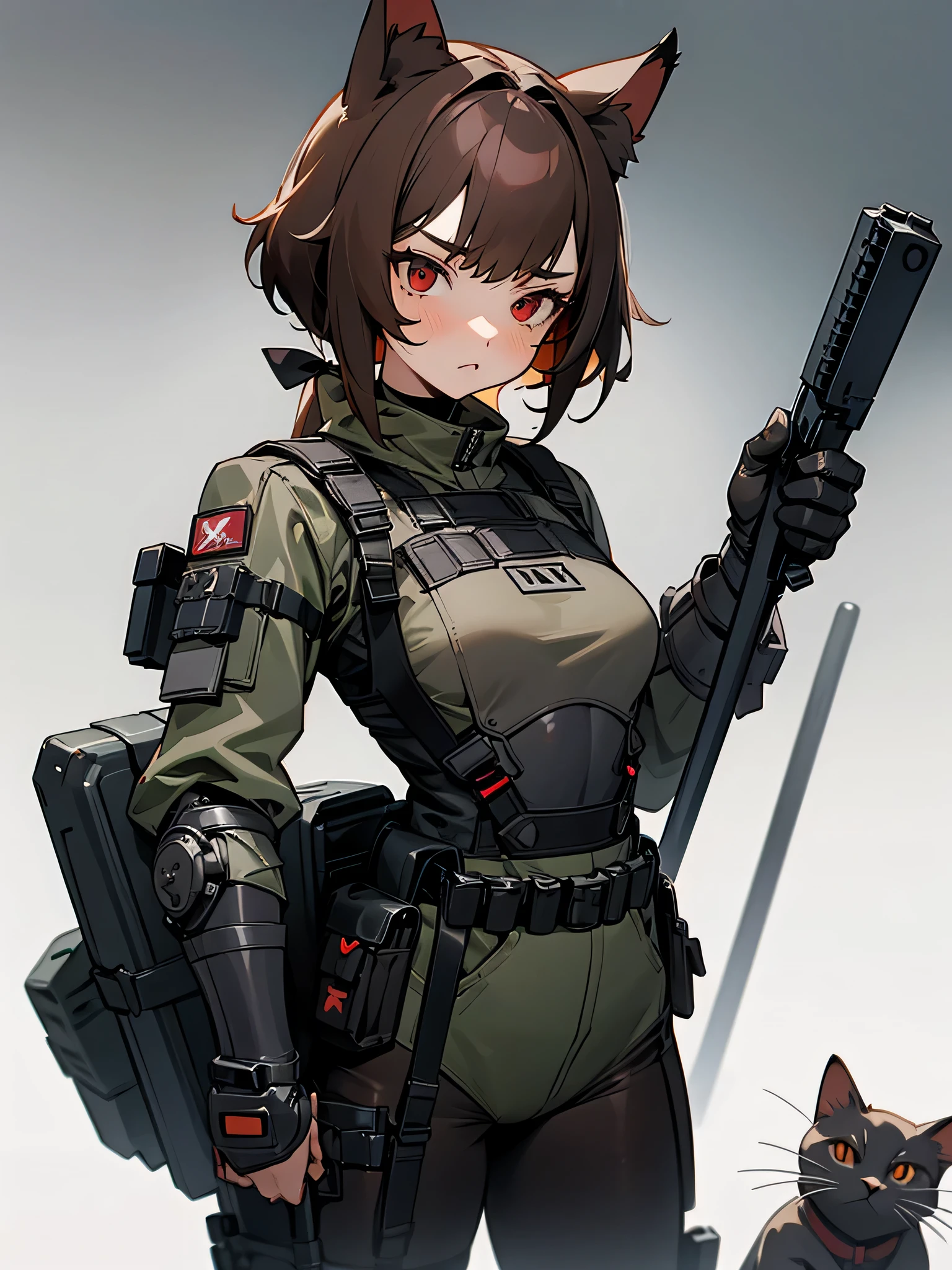 1girl, catgirl, brown hair, red eyes, military, pouches, tactical gear, cat ears, bodysuit, onesie, body harness chest rig, interesting perspective, ballistic armour, ballistic armor, industrial background, dubious contraptions background
