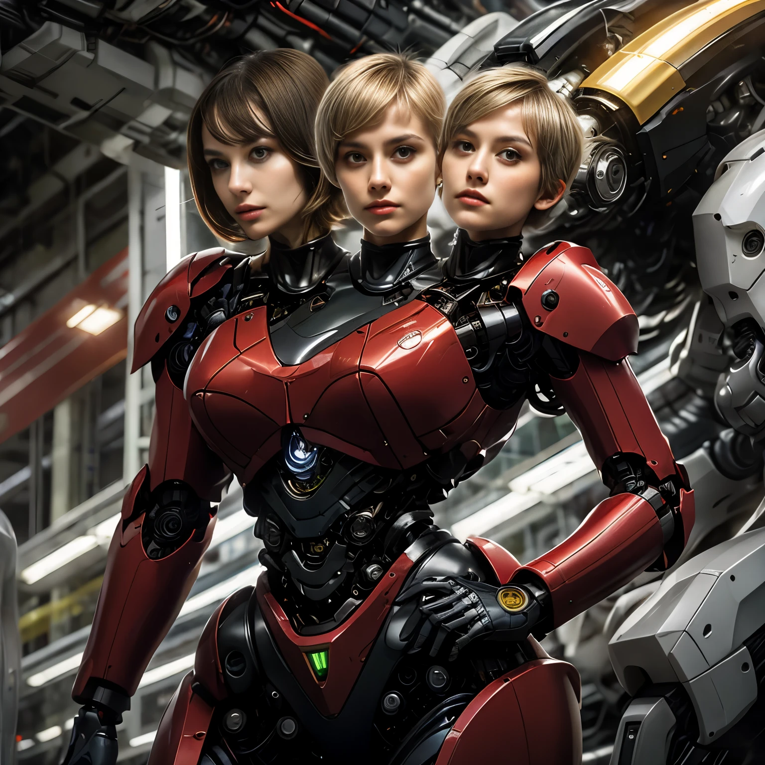 best resolution, 2heads, cyborg woman with two heads, different ethnicities, blonde ponytails, pixie cut,  red robot body, mechanical background