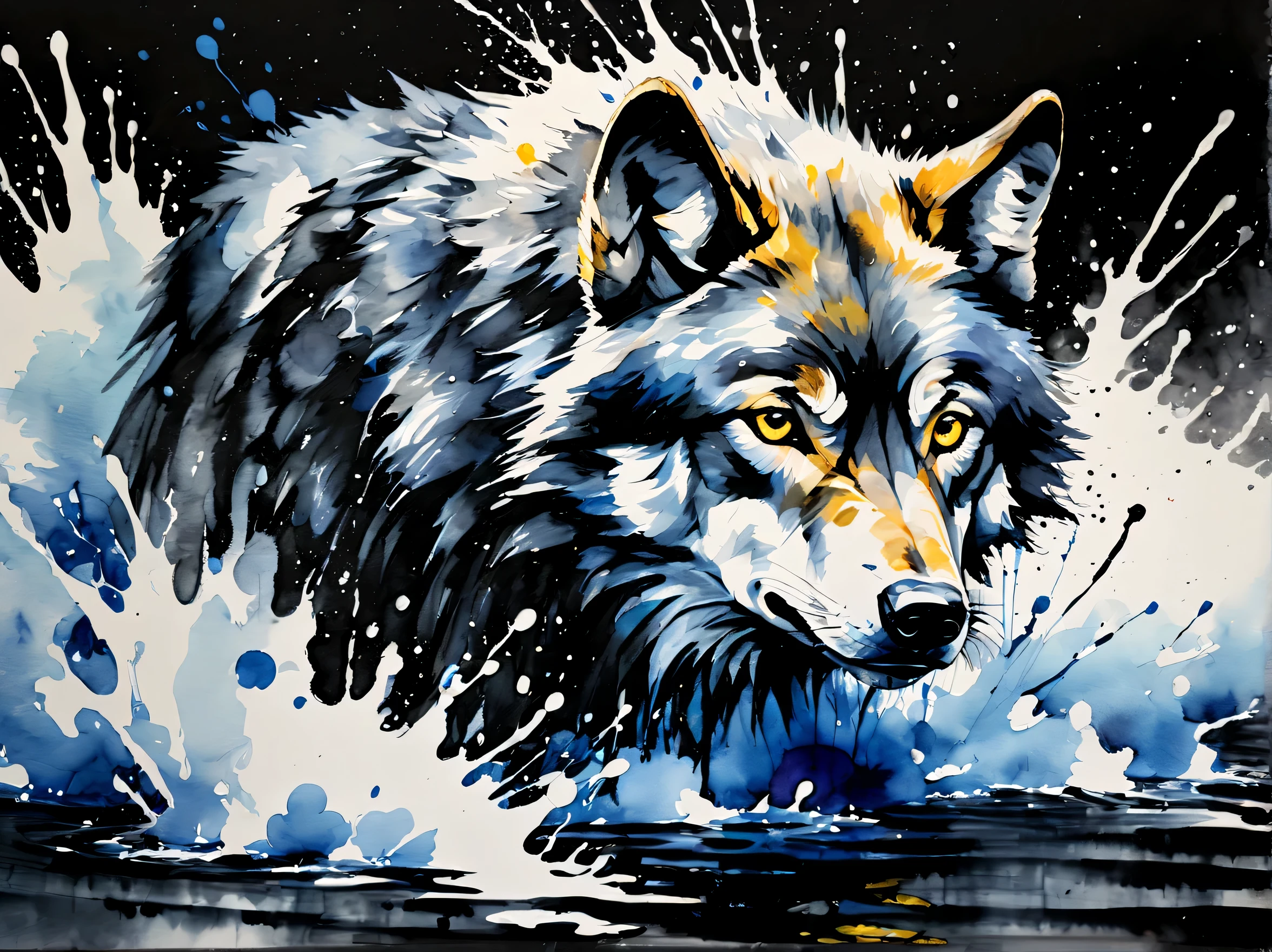 Floating wolf jumping out of black water, Use splatter ink watercolor, stunning oil paints, detailed, cinematic still shot,