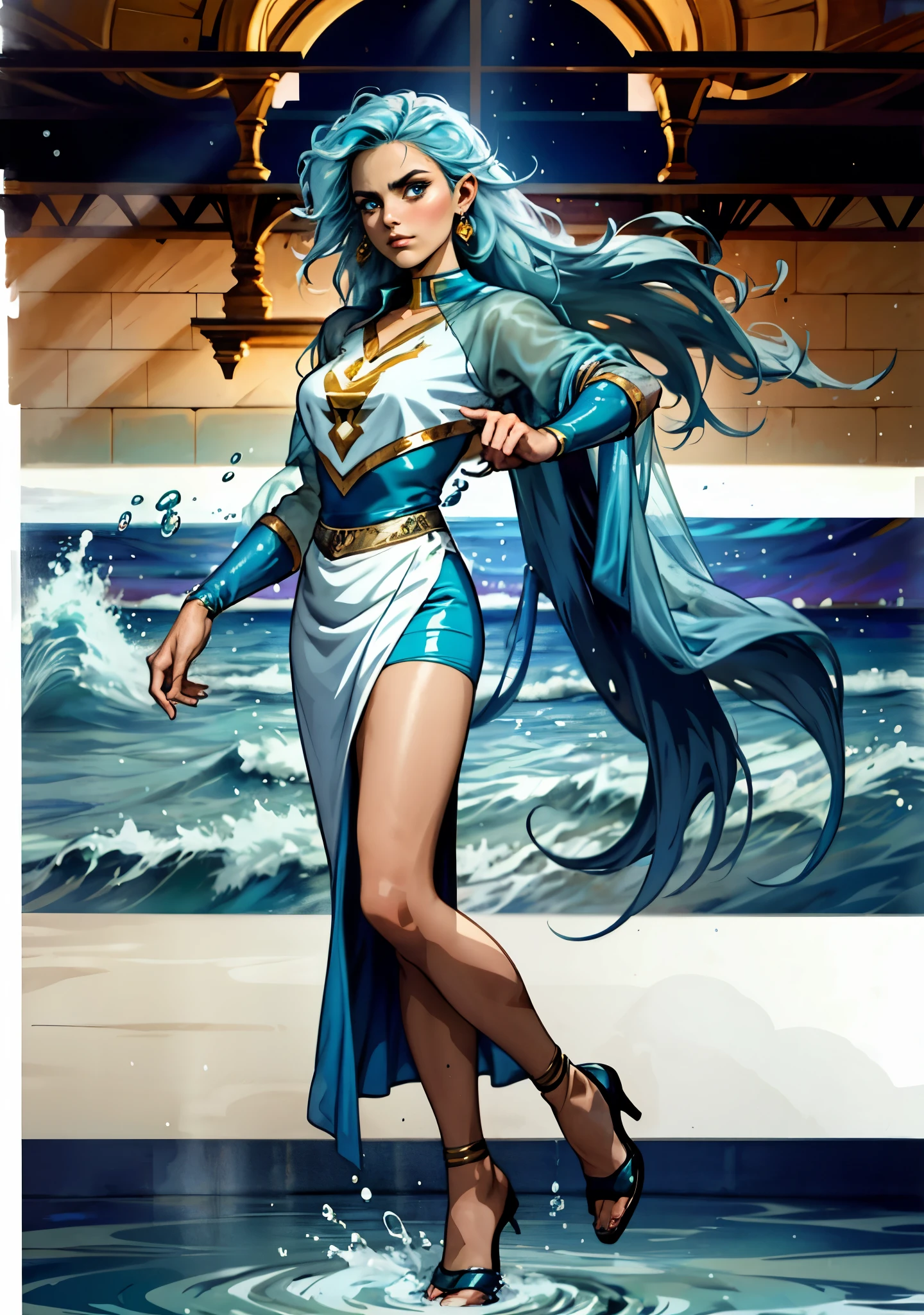 A beautiful woman with cascading waves of aqua-blue long hair, exquisite facial features, a melancholic expression, delicate and bright eyes, skin as smooth and radiant as polished jade, her slender and graceful figure dances like water splashes in the wind, a splendid fantasy-style islander ethnic costume, a short skirt resembling ocean waves, her slender legs leap lightly above the water surface, surrounded by splashing droplets that dance in the air, this character embodies a finely crafted fantasy-style female dancer in anime style, exquisite and mature manga art style, high definition, best quality, highres, ultra-detailed, ultra-fine painting, extremely delicate, professional, anatomically correct, symmetrical face, extremely detailed eyes and face, high quality eyes, creativity, RAW photo, UHD, 8k, Natural light, cinematic lighting, masterpiece-anatomy-perfect, masterpiece:1.5