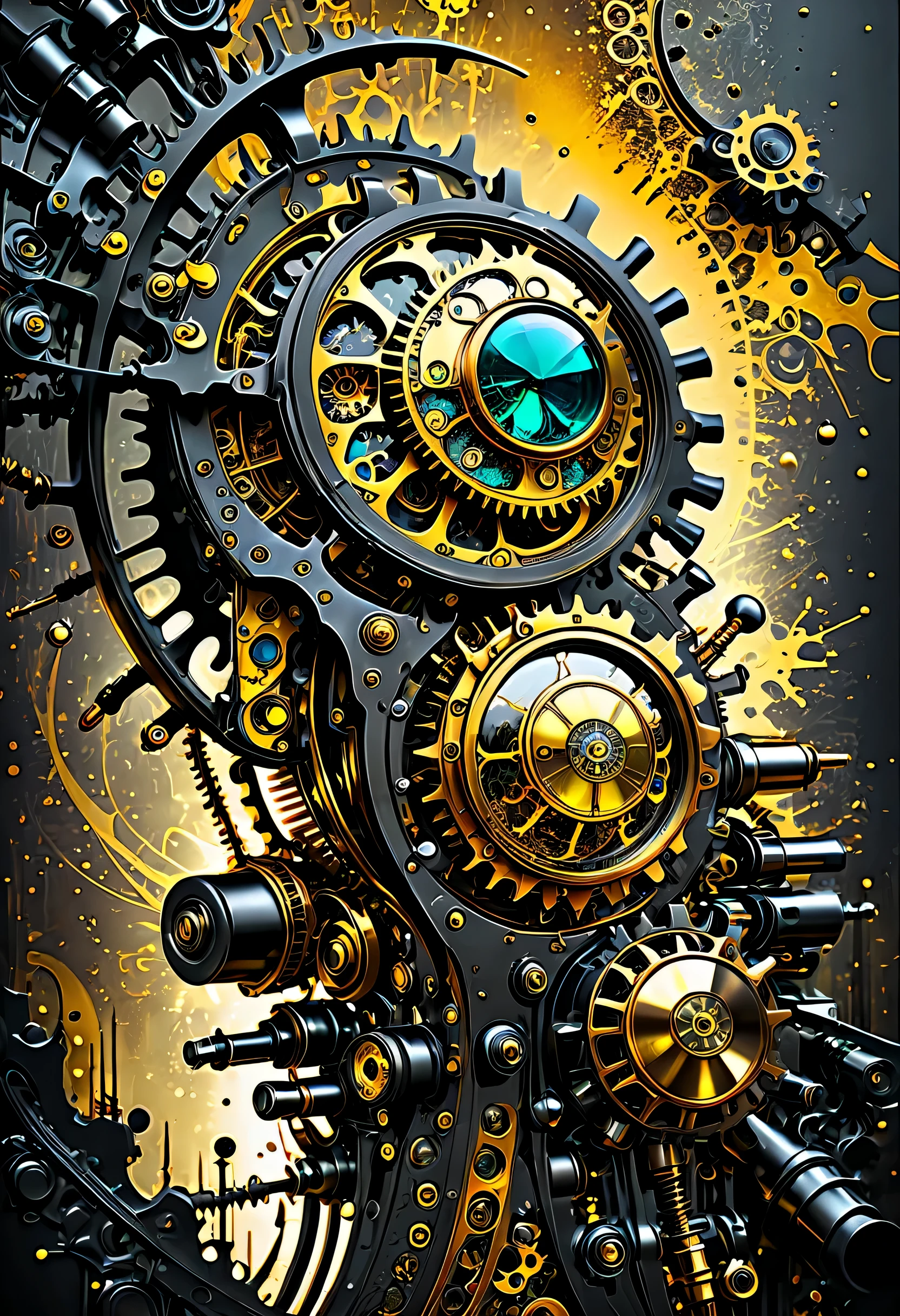 Intricate details of matte paint illustration, Stunning design and ferocious construction, Fusion of steampunk and metallic elements, Polished surface reflects droplets, Vibrant colors from gel ink splatter graffiti background, Stunning visually striking contrast, dynamic angle, Intricate details of dark fantasy mechanized shapes, complexity and artistic craftsmanship, A warm feeling that comes through, high qualityな設計の精度, high quality, Fascinating mechanical wonders, Beautiful detail shine, Amazing 32k resolution, Absurd and cool detailed design, style acrylic splatter coating,