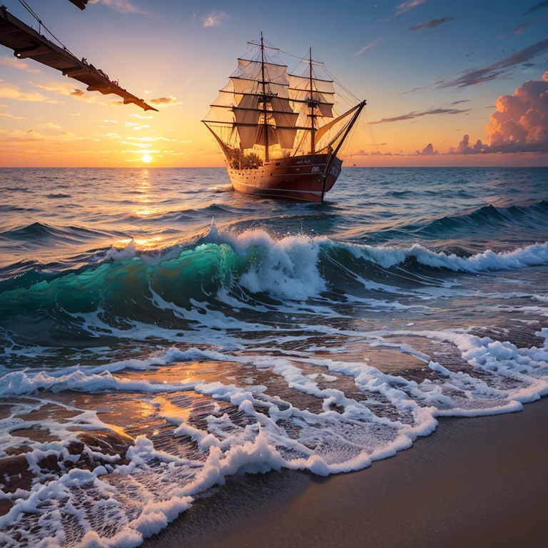 A narrow view of the sea in the evening with a large sunset and a junk ship.