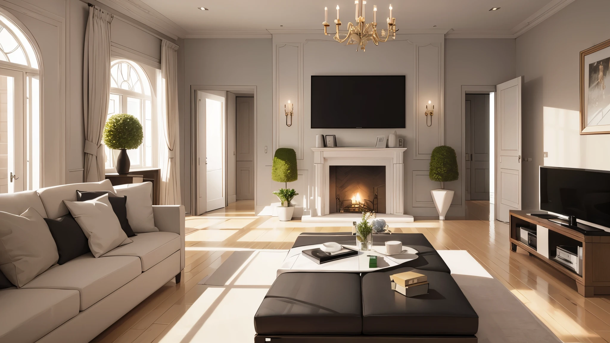 You are a famous interior designer、You have been asked to create a 3D image of a modern large room. Create a harmonious environment with modern and minimalist furniture. Including garden interior.
