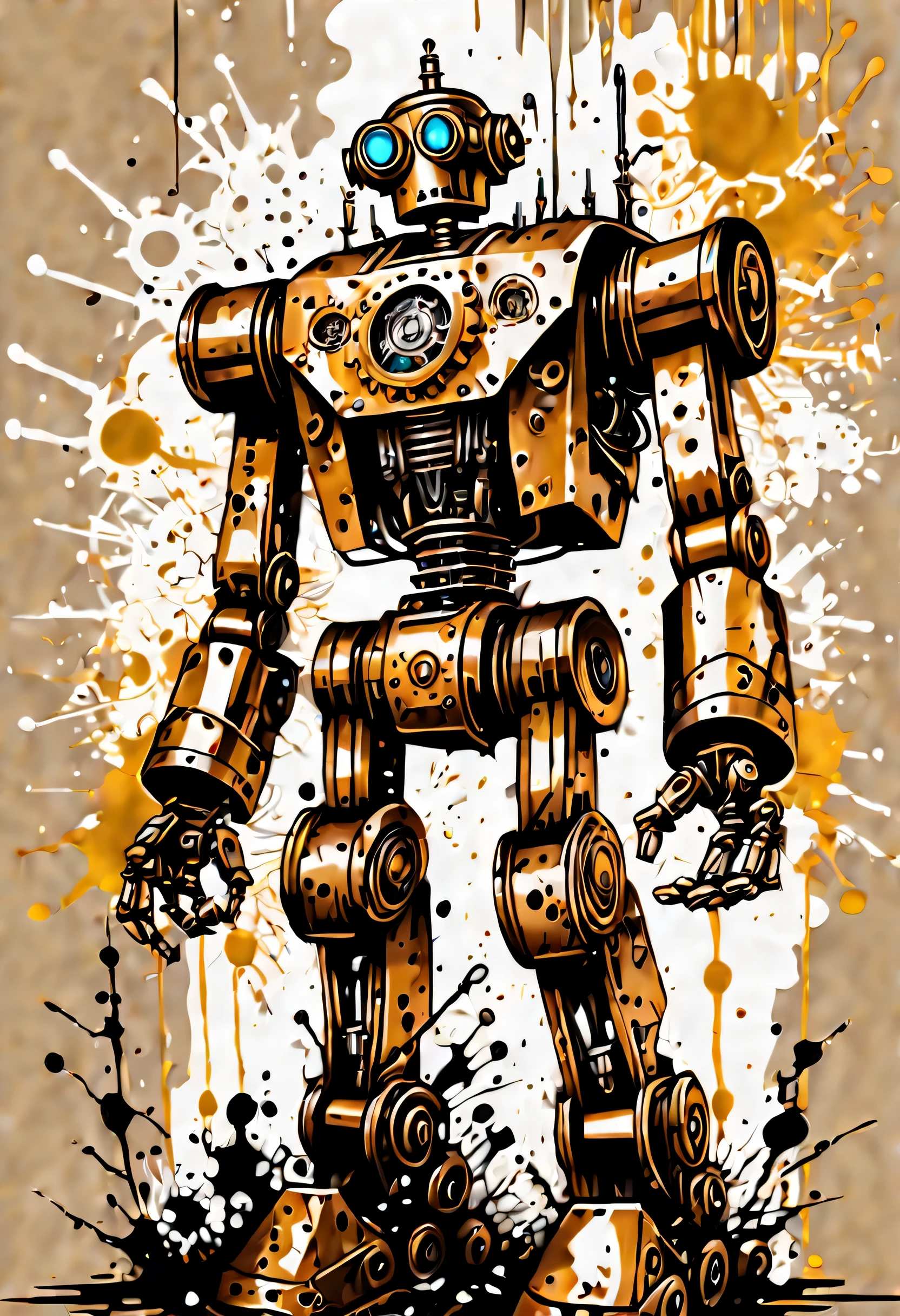 Insane steampunk metal war robot, With splash of gel ink splatter graffiti coating like background, dynamic angle, from below, intricate details, Warm touch, insane details, high contrast, highest quality, Gouache illustration,