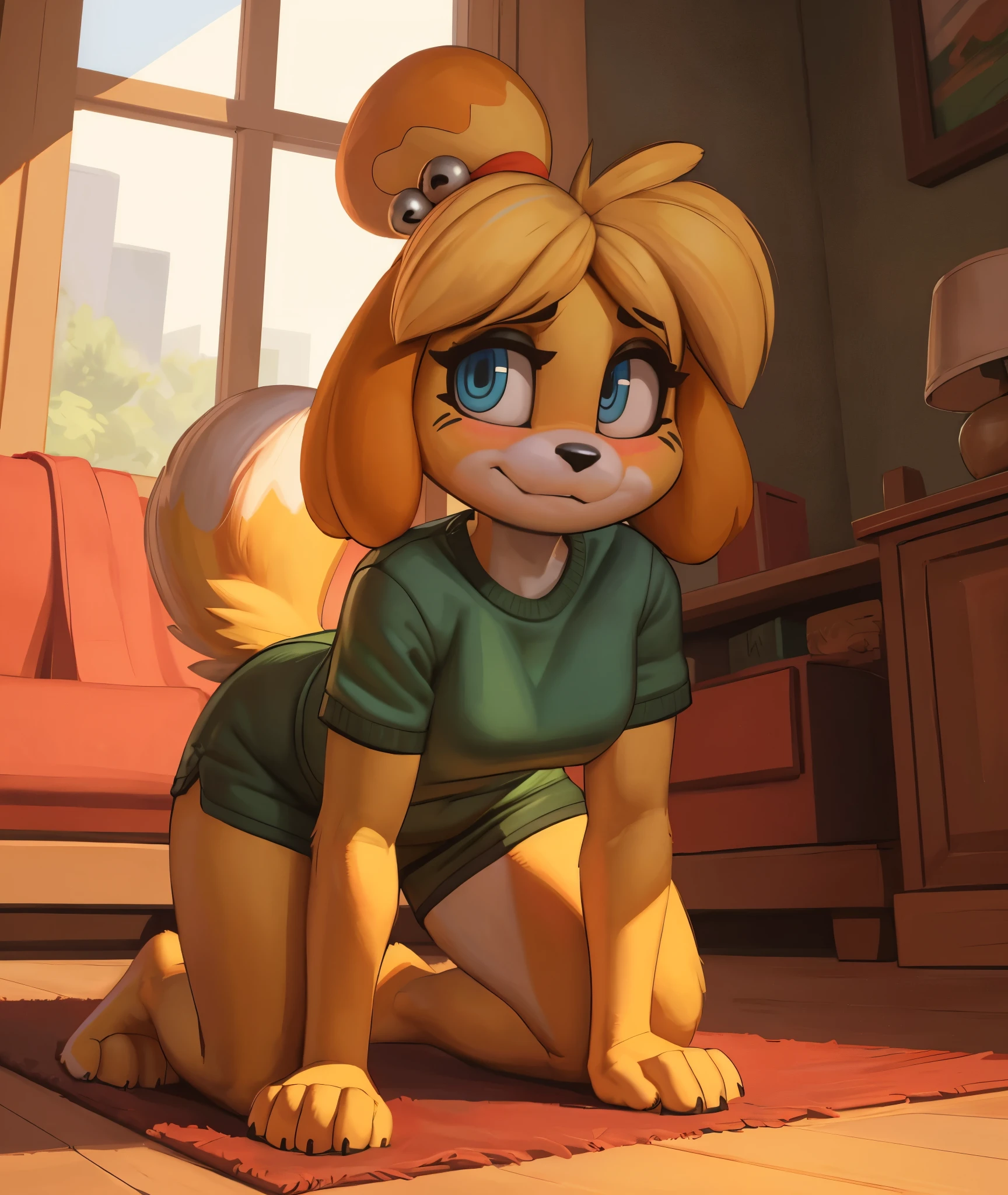 [isaCrossing], [Isabelle], [Animal Crossing], [Uploaded to e621.net; (Pixelsketcher), (wamudraws)], ((masterpiece)), ((HD)), ((high res)), ((solo portrait)), ((front view)), ((ass focus)), ((feet visible)), ((furry; anthro)), ((detailed fur)), ((detailed shading)), ((beautiful render art)), {anthro; (slim figure), yellow fur, black nose, (cute blue eyes), (blonde hair), (bells in hair), topknot, fluffy tail, (curvy hips), (beautiful legs), (beautiful feet), (blushing), (cute smirk)}, (nervous expression)}, {(red ribbon in hair), (green tee shirt), (lounge shorts), (orange drawstrings)}, {(on floor), (kneeling), (all fours), (nervous demeanor), (looking at viewer)}, [background; (living room), (rug), (window), (blue sky), (sun rays), (ambient lighting)]