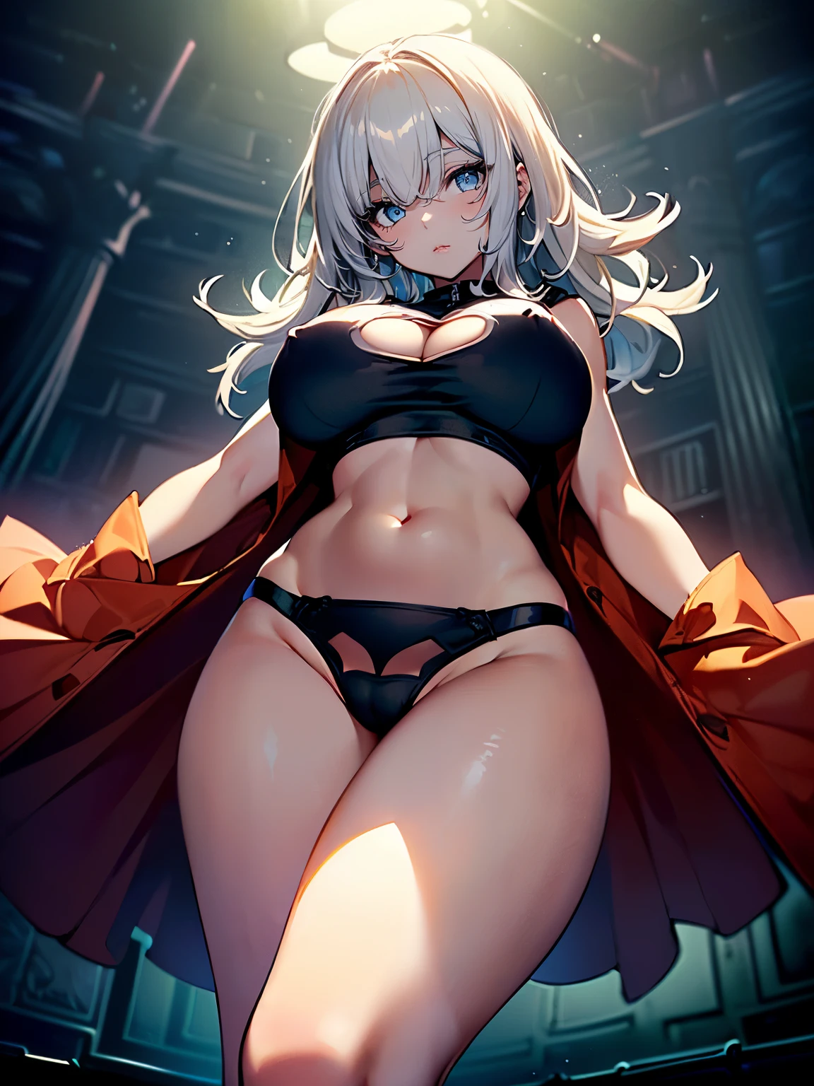 ((1 girl))、(((dark room:1.4)))、(((Open crotch:1.2)))、((wide open legs))、((from below))、((looking down at viewer))、((huge hip:1.3))、((oily skin:1.3))、((highleg thong:1.2))、((cleavage cutout))、((crop top navel))、((Touching hair))、curvy、((huge breasts:1.2))、high quality、ultra resolution、beautyful watercolor