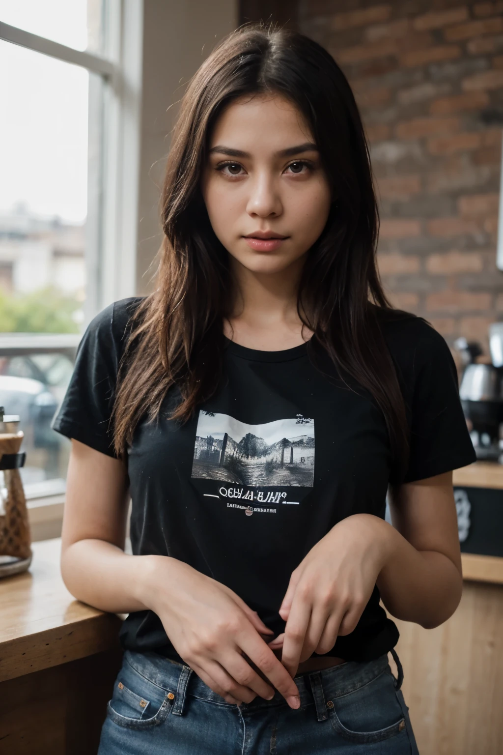 1 girl, long hair, Black t-shirt with lining, Jeans, (Isolated on the coffee shop background:1.2), dynamic gesture, (soft light:1.2), Shot with Canon EOS 5D, best quality, Ultra high resolution, (realistic:1.4), Masterpiece, White skin in real life, Hyper Real, attitude, beautiful eyes, Beautiful fingers, and detailed Thai faces,