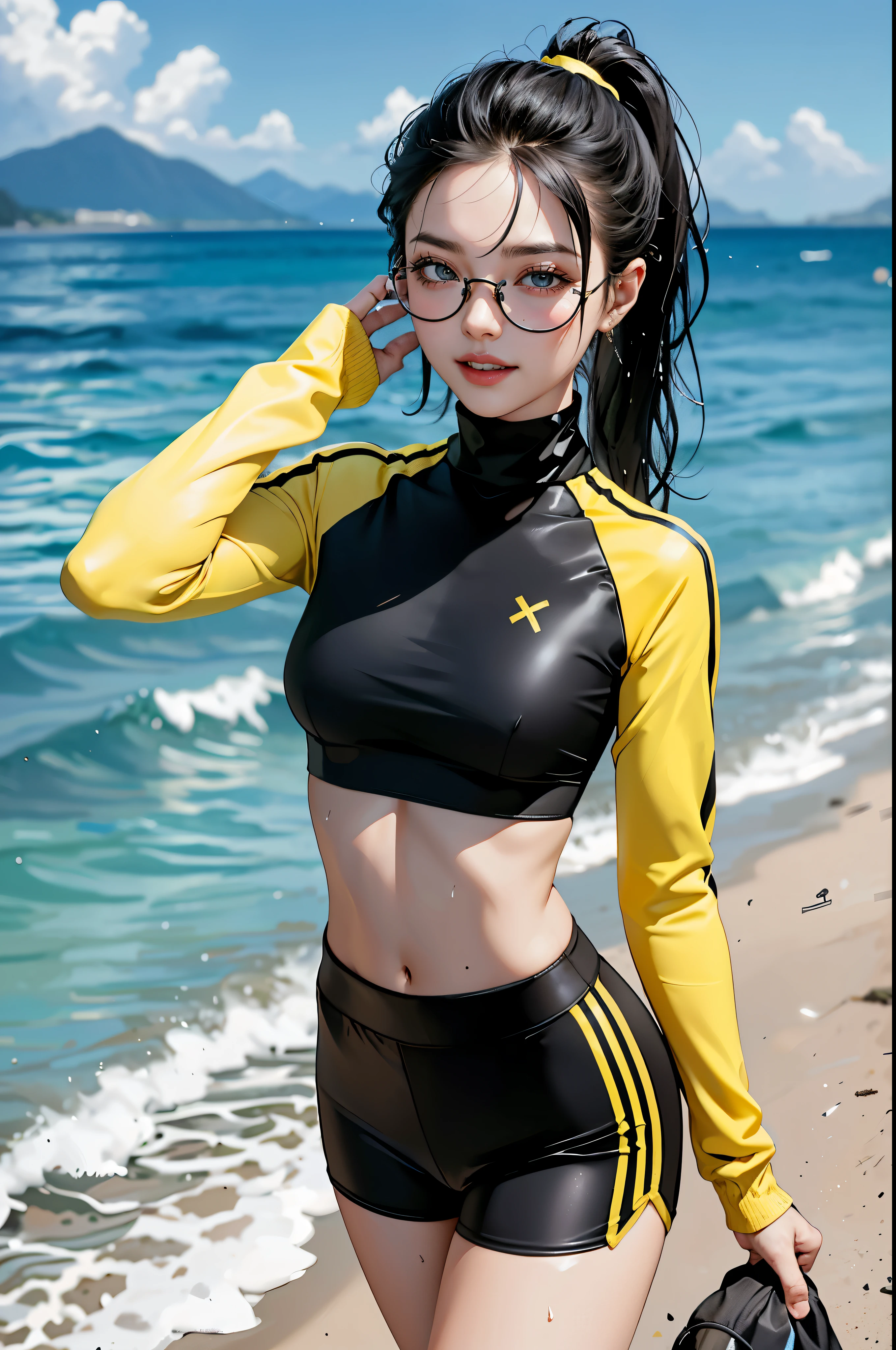 (Jogging by the sea 1.5), 1 beautiful girl, 17 years old, Highly detailed face, Long hair in a ponytail,,,,,,,,,, smooth, ((glasses)), Smile mischievously, small breast, Thin waist, small breast, Thin waist, small hips, thighเล็ก, The abdomen has sexy lines.............., thigh, sweat, body drenched

((Turtleneck tight sports bra, tight sports shorts, (Yellow and black clothes))),(((Under the breast))),((Wet clothes)),

((Running posture)), center,scale to fit the dimensions,Third rule, view:1.25,

anime, height, Sharp focus, (Very detailed, รายVery detailed), unity wallpaper 8k),((Synth Wave Background Theme)),(((bright colors))),(complex background),(Masterpiece),(best quality),