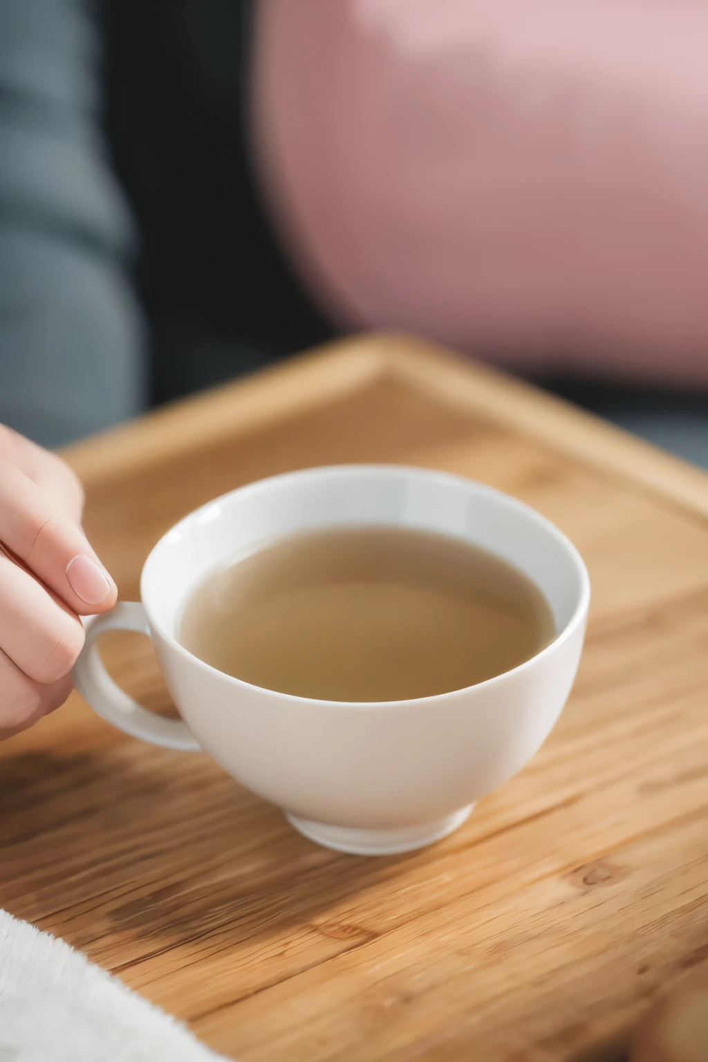 Stunning image: a man sitting at a table, admiring a sakura color tea cup filled with green tea. The table is set against a simple, clean background. (High definition: 1.2), (Clear visual: 720p), (Realistic depiction: hd --s2)

A man, with a calm expression, is seen sipping tea from a delicate sakura color cup. The steaming green tea in the cup contrasts beautifully with the soft pink hue of the cup. The table on which the cup sits is bare, adding to the serene atmosphere of the scene.

The man's attire is casual and unassuming - a simple white