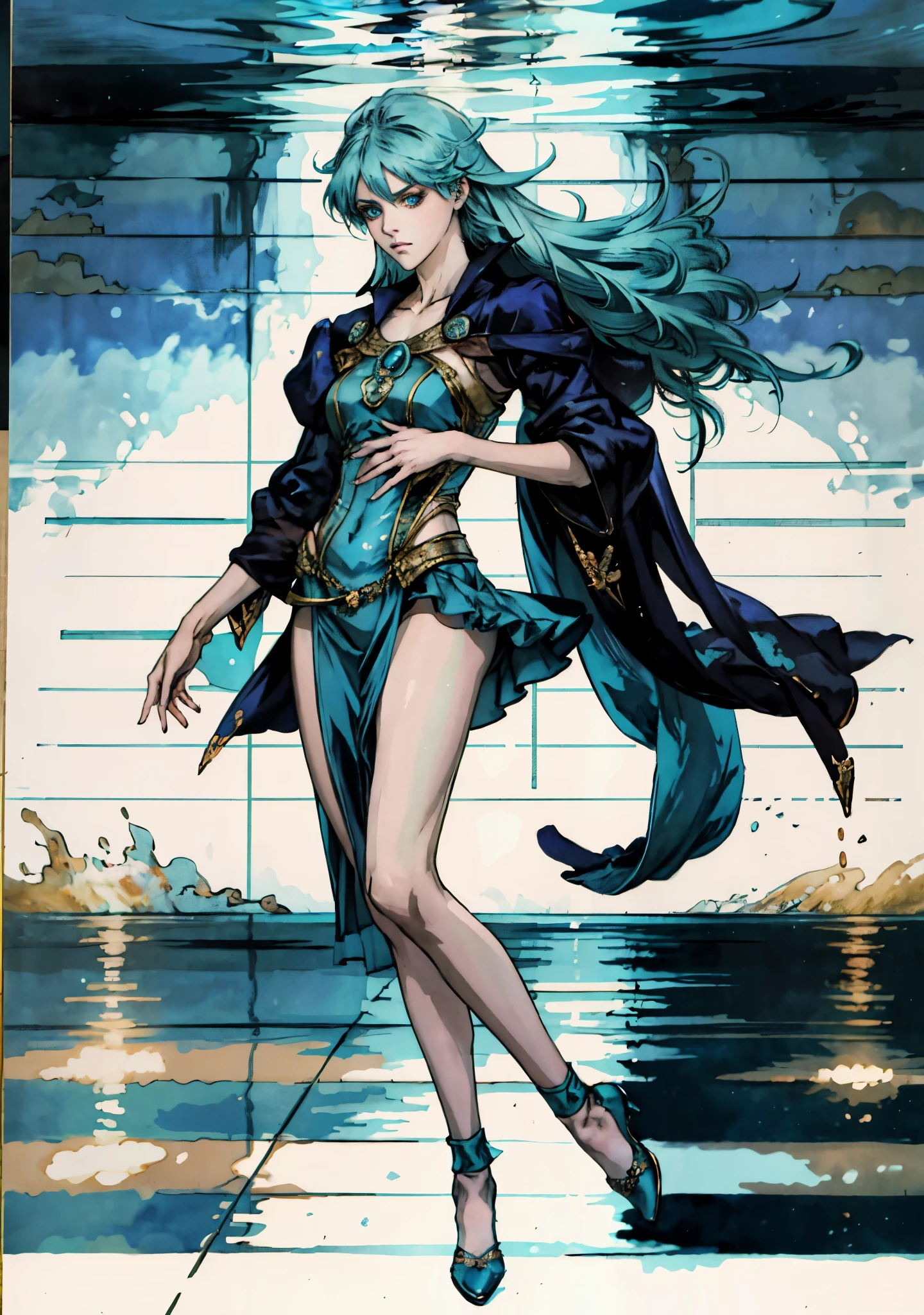 A beautiful woman with cascading waves of aqua-blue long hair, exquisite facial features, a melancholic expression, delicate and bright eyes, skin as smooth and radiant as polished jade, her slender and graceful figure dances like water splashes in the wind, a splendid fantasy-style islander ethnic costume, a short skirt resembling ocean waves, her slender legs leap lightly above the water surface, surrounded by splashing droplets that dance in the air, this character embodies a finely crafted fantasy-style female dancer in anime style, exquisite and mature manga art style, high definition, best quality, highres, ultra-detailed, ultra-fine painting, extremely delicate, professional, anatomically correct, symmetrical face, extremely detailed eyes and face, high quality eyes, creativity, RAW photo, UHD, 8k, Natural light, cinematic lighting, masterpiece-anatomy-perfect, masterpiece:1.5