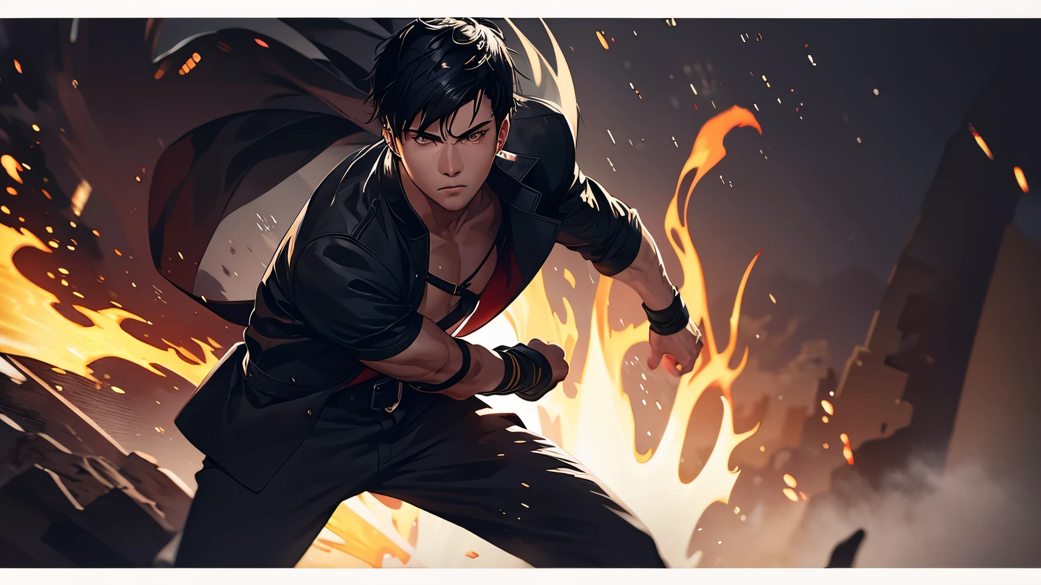 A young fighting man with black hair controlling the fire