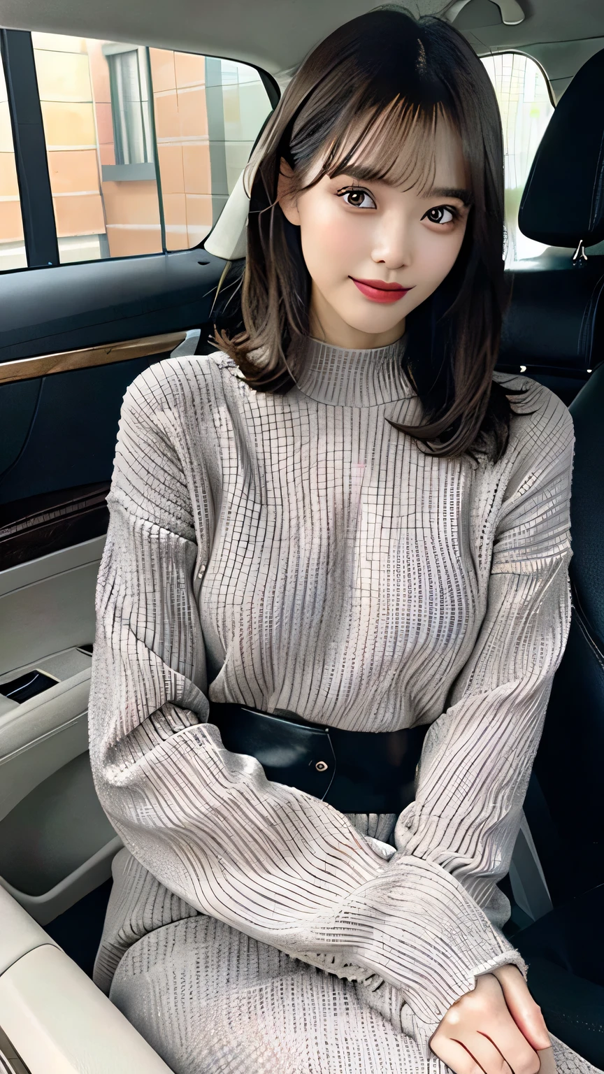 highest quality、ultra high resolution、(Photoreal:1.1)、masterpiece、1 girl、、Tight net sweater clothes、Long sweater in grey、Mine compensate、eye shadow、compensate、heavy makeup、Shiny Pin Clip Stick、stiletto heels、beautiful thighs、short hair、long black hair、straight hair、dull bangs、Car passenger seat、slight smile、sexual expression、