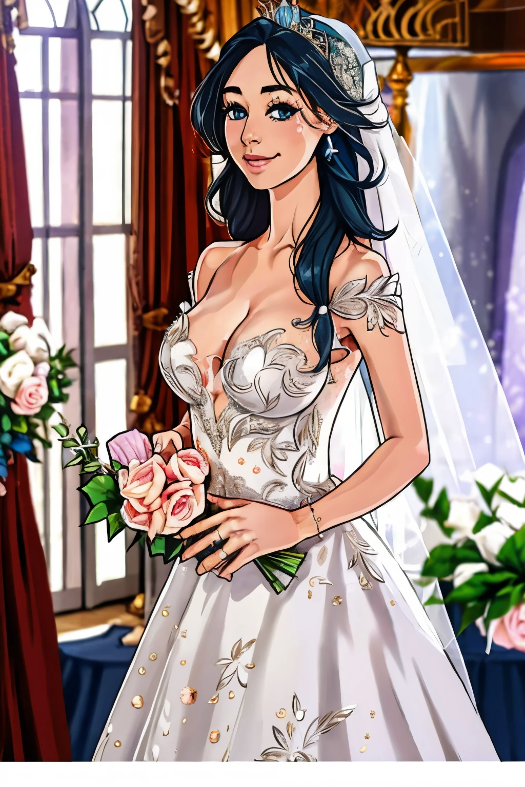 Minkostyle, wedding dress, bridal dress, latina, short, long hair, wedding ring, diamond jewelry, church, wedding,
