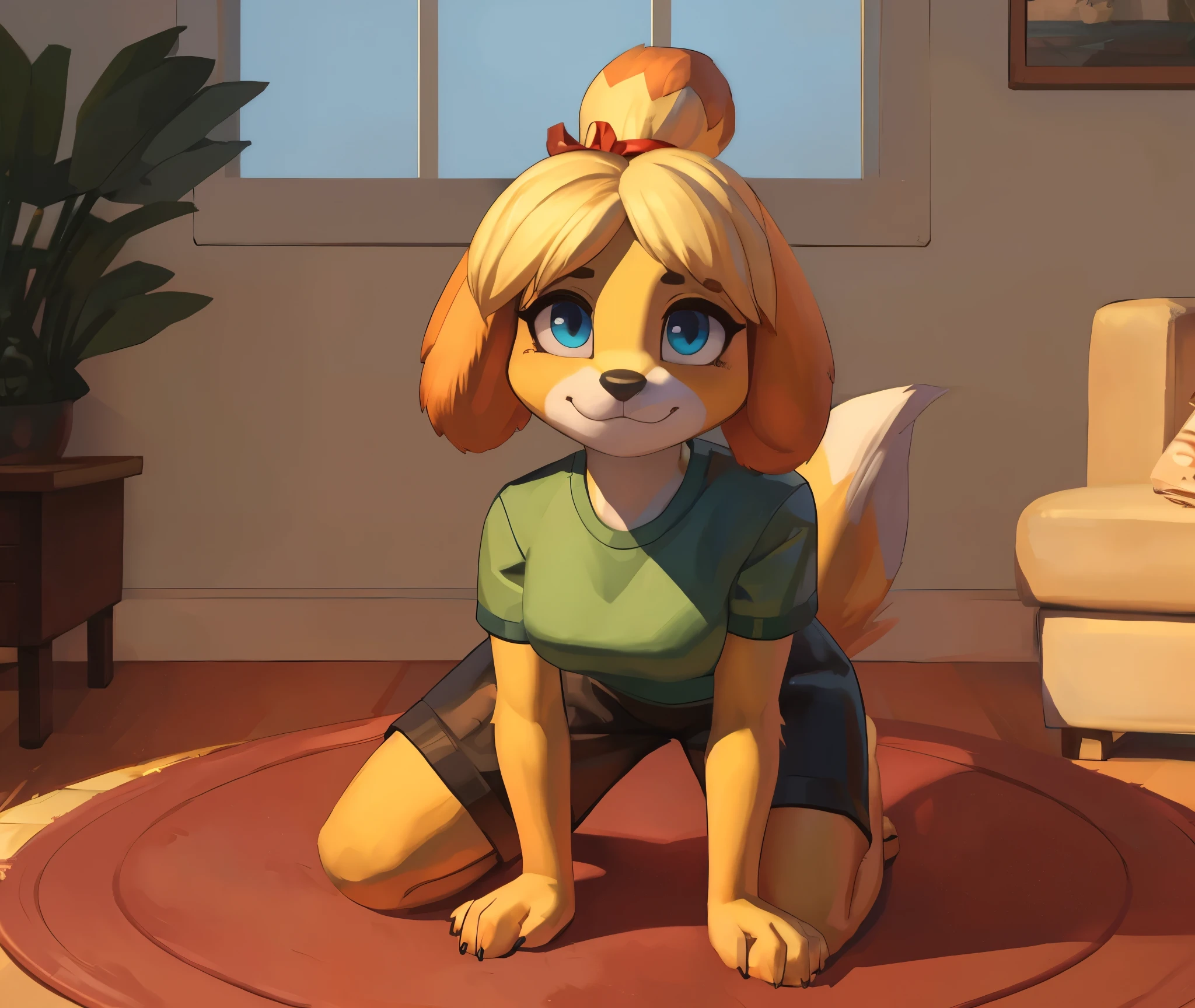 [isaCrossing], [Isabelle], [Animal Crossing], [Uploaded to e621.net; (Pixelsketcher), (wamudraws)], ((masterpiece)), ((HD)), ((high res)), ((solo portrait)), ((front view)), ((feet visible)), ((furry; anthro)), ((detailed fur)), ((detailed shading)), ((beautiful render art)), {anthro; (slim figure), yellow fur, black nose, (cute blue eyes), (blonde hair), (bells in hair), topknot, fluffy tail, (curvy hips), (beautiful legs), (beautiful feet), (blushing), (cute smirk)}, (nervous expression)}, {(red ribbon in hair), (green tee shirt), (lounge shorts), (orange drawstrings)}, {(on floor), (kneeling), (all fours), (nervous demeanor), (looking at viewer)}, [background; (living room), (rug), (window), (blue sky), (sun rays), (ambient lighting)]