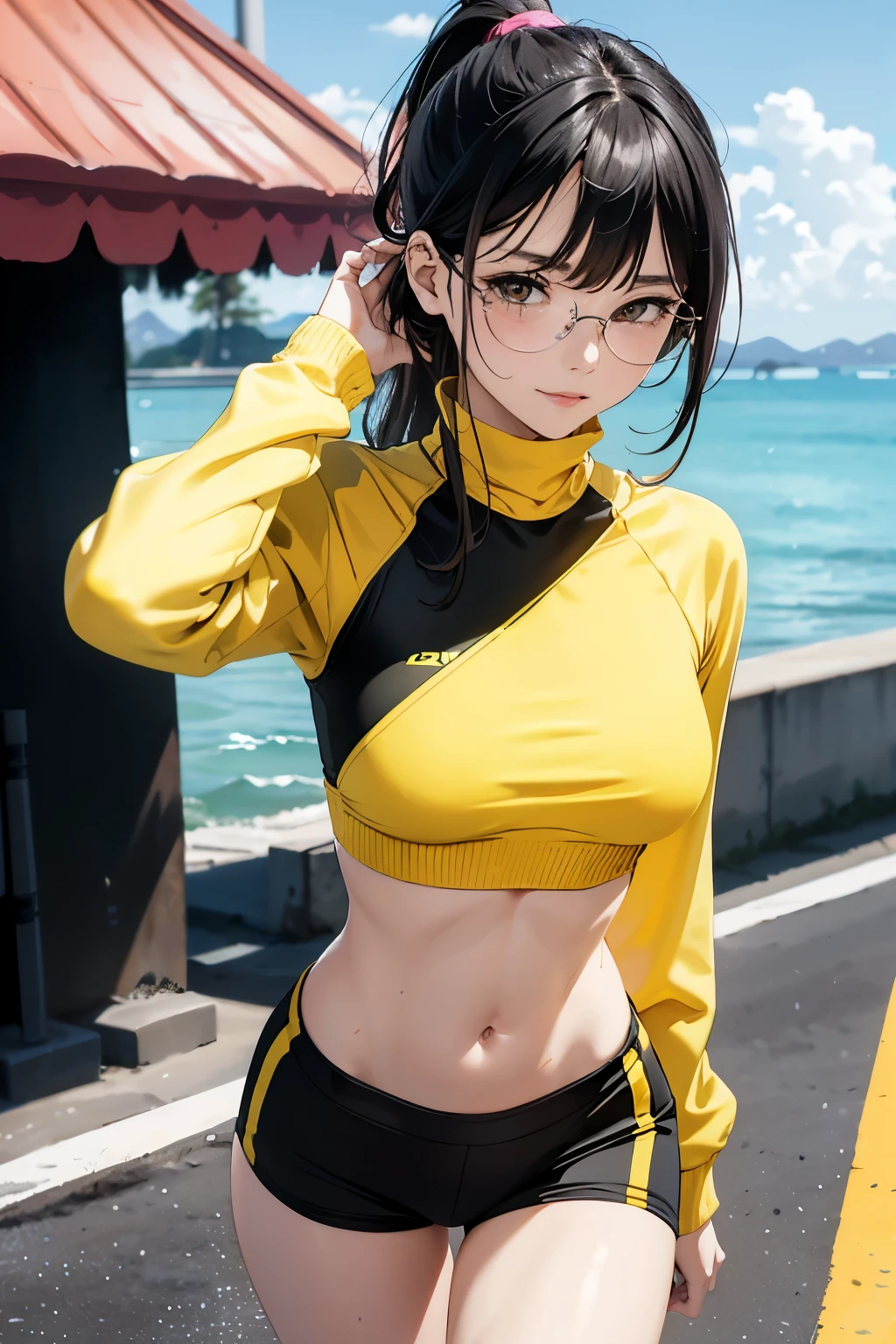 (Jogging by the sea 1.5), 1 beautiful girl, , high detail face, long hair in a ponytail,,, bangs, ((eyeglasses)), Naughty smile, small breast, slim waist, small breast, slim waist, small hips, thightsเล็ก, The abdomen has sexy lines......, thights, Sweat, body dripping wet

((Turtleneck tight sports bra, tight sports shorts, (Yellow and black clothes))),(((underboob))),((wet clothes)),

((Running posture)), center,scale to fit the dimensions,rule of third, scenery:1.25,

anime, highres, crisp focus, (ultra-detail, Very detailed), Unity 8k壁纸),((Synthwave background theme)),(((vibrant colours))),(intricate background),(masterpiece),(bestquality),