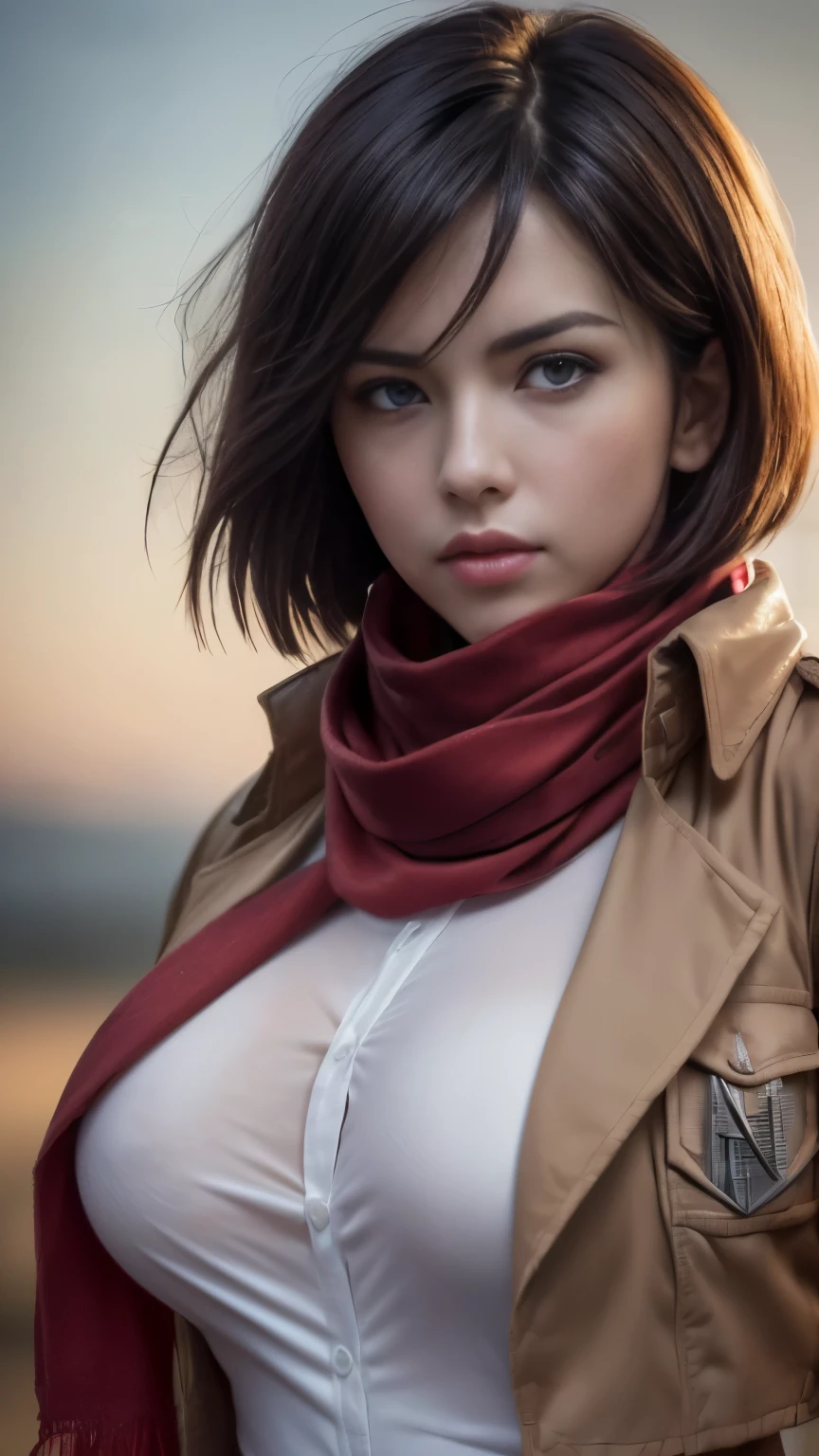 Mikasa, Attack on Titan, AOT character, Mikasa character, ((Mikasa cosplay)), ((A very cute caucasian girl cosplaying Mikasa, posing model style), ((blur background)), 1 girl, wide range photoshoot, wide range, (milf), beautiful face, clear face, ((hot body)), ((dark brown jacket and white shirt)), (((wearing red scarf))), short brown skirt, ((AOT)), ((military dress style)), ((cosplay dress)), ((((Huge breasts: 0.9)))), ((no breasts)), coverd, (((Realistic))), ((well dressed)), waist curve pose, front side, (8k, RAW photo, top quality, masterpiece), (Realistic, photorealistic: 1.9), ((Full body shot)), stylish pose, ((Highly detailed skin: 1.2)), ((Realistic: 1.9)), Photos, masterpieces, top quality, (beautiful blue eyes, gorgeous pale grey black hair, white skin, thick body, lower abdomen bristles, perfect slim figure), various poses, model pose, ultra-detailed face, detailed eyes, a lot of people are looking at her with excitement, (((close-up))), sun light, cinematic, ((photoshoot)), photography