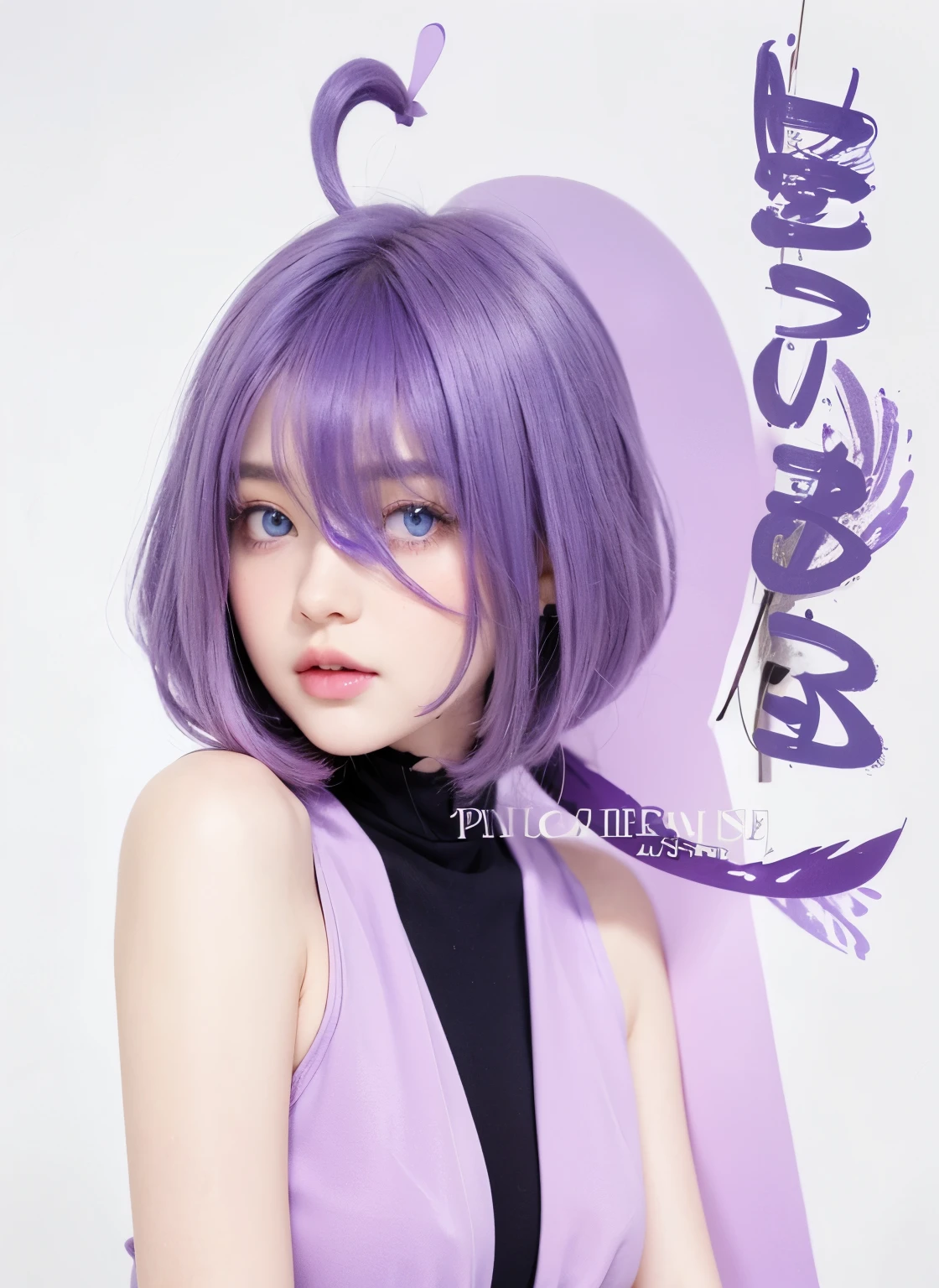 Pretty girl,blue eyes, purple hair, blush pink,pink lips, thin lips, purple dress,