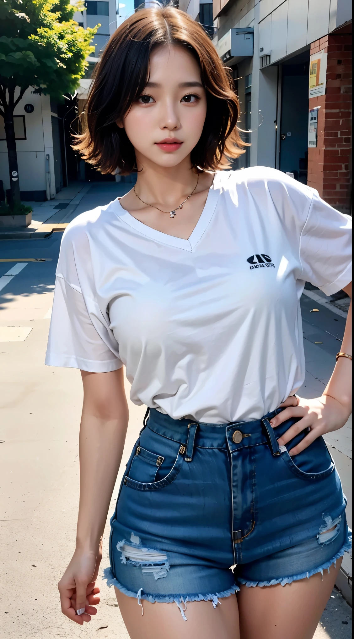 realistic, High resolution, 1 female, glowing skin, alone, jewelry, wide lips,short hair,wavy hair, closed mouth, hip up, shirt, street wear,cute makeup,Idol,skin as white as porcelain