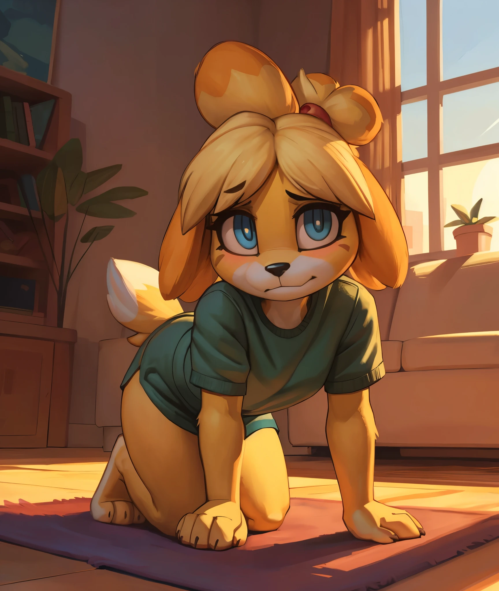 [isaCrossing], [Isabelle], [Animal Crossing], [Uploaded to e621.net; (Pixelsketcher), (wamudraws)], ((masterpiece)), ((HD)), ((high res)), ((solo portrait)), ((back view)), ((ass focus)), ((feet visible)), ((furry; anthro)), ((detailed fur)), ((detailed shading)), ((beautiful render art)), {anthro; (slim figure), yellow fur, black nose, (cute blue eyes), (blonde hair), (bells in hair), topknot, fluffy tail, (curvy hips), (beautiful legs), (beautiful feet), (humanoid feet), (blushing), (cute smirk)}, (nervous expression)}, {(red ribbon in hair), (green tee shirt), (lounge shorts), (orange drawstrings)}, {(on floor), (all fours), (nervous demeanor), (looking back), (looking at viewer)}, [background; (living room), (rug), (window), (blue sky), (sun rays), (ambient lighting)]