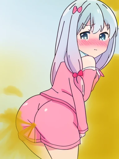 Sagiri Izumi、8K、muste piece、anime、fart、shyness、blush、put pressure on your face、lots of gas、Gas comes out of the butt、blue eyes、pink pajamas、pink shorts、girl's room、dynamic pose、stick out your butt、Hip Attack、