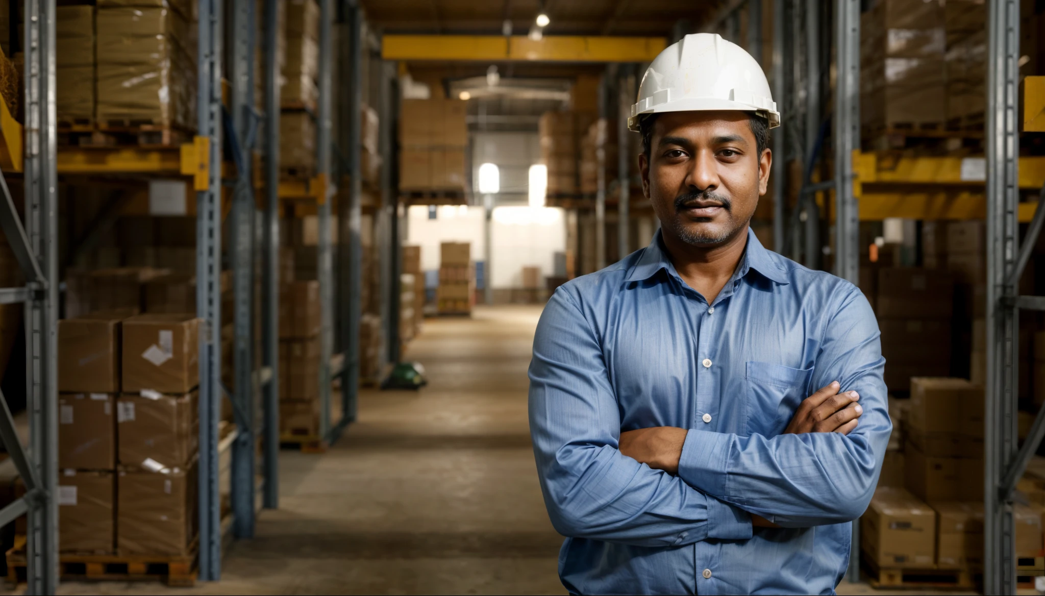 (45yo man), (detail),(masterpiece),arafed south indian man in a hard hat standing in a warehouse, in a warehouse, portrait shot, stock photo, engineer, construction, stood in a factory, confident looking, portrait photo, portrait, close portrait, advertising photo, portrait image, inspect in inventory image, photo portrait, photo still, man, architect, in warehouse, stock image, caucasian