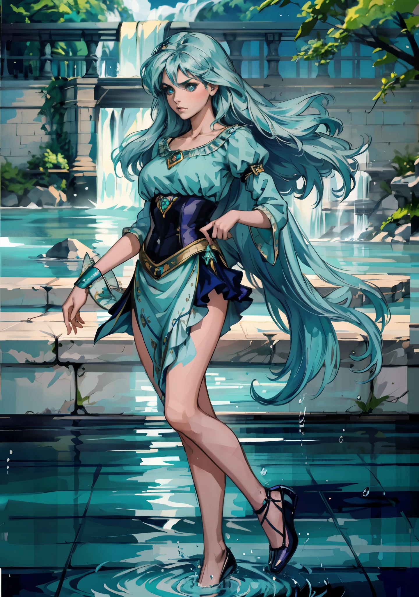 A beautiful woman with cascading waves of aqua-blue long hair, exquisite facial features, a melancholic expression, delicate and bright eyes, skin as smooth and radiant as polished jade, her slender and graceful figure dances like water splashes in the wind, a splendid fantasy-style islander ethnic costume, a short skirt resembling ocean waves, her slender legs leap lightly above the water surface, surrounded by splashing droplets that dance in the air, this character embodies a finely crafted fantasy-style female dancer in anime style, exquisite and mature manga art style, high definition, best quality, highres, ultra-detailed, ultra-fine painting, extremely delicate, professional, anatomically correct, symmetrical face, extremely detailed eyes and face, high quality eyes, creativity, RAW photo, UHD, 8k, Natural light, cinematic lighting, masterpiece-anatomy-perfect, masterpiece:1.5