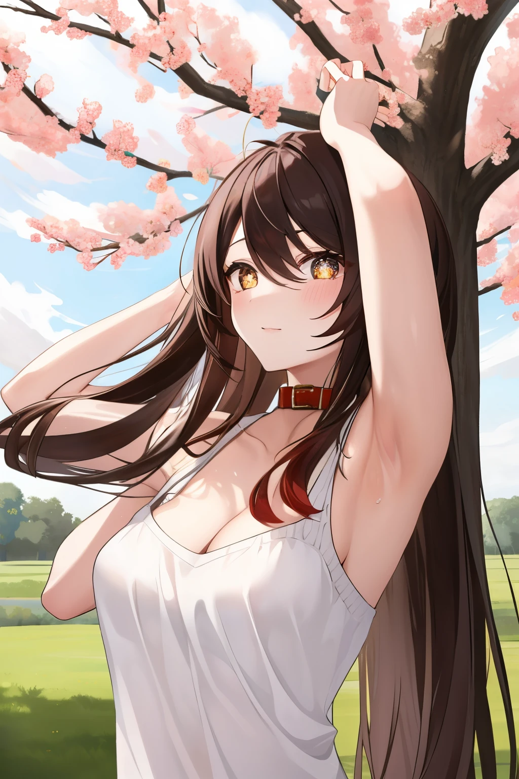 HuTaoV4,1girl,solo,long hair, off shoulder, collar bone, cleavage, look at viewer, perfect fingers, armpit peek, jacket,  Beautiful flowers bloom, (sparkles), (There is a blooming sakura)，standing under a tree, (head looking up), Look at the tree, Natural soft light, macaron, Still ethereal, Crisp and smooth lines, radiant morning light, soft luminescent glow, armpit peek, night, moon