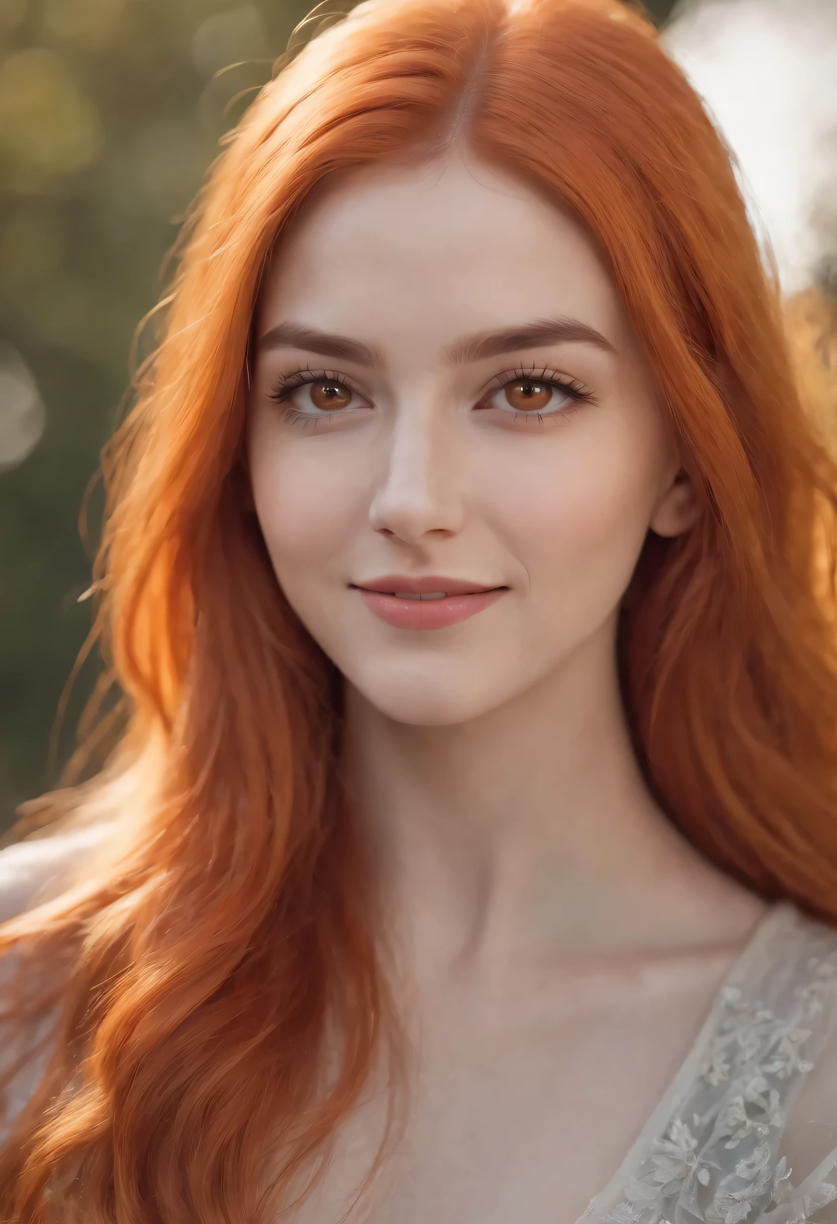 1girl, orange hair, orange eyes, smiling, long hair, 8k, ultra detail, super high res