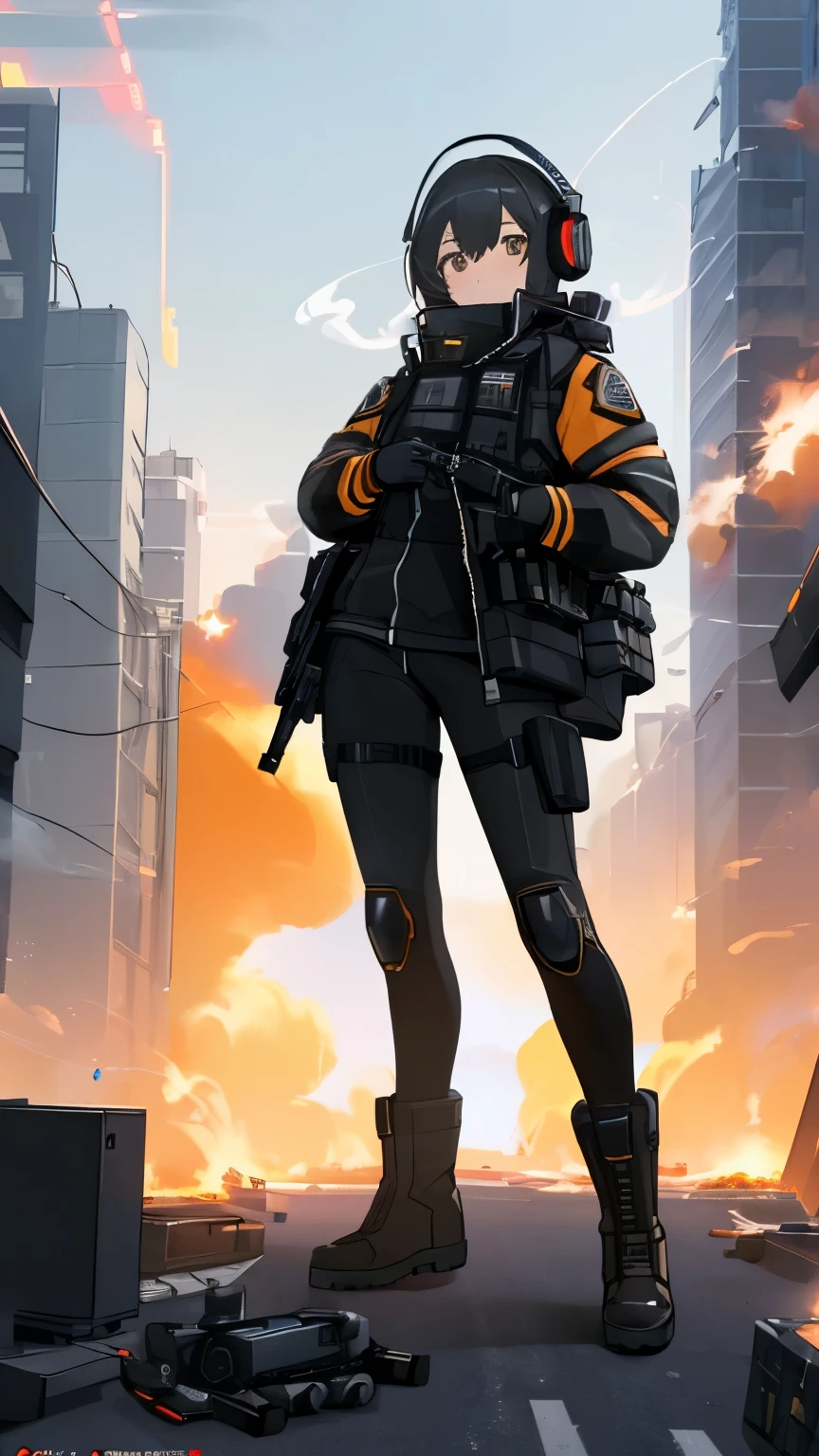 ((high quality)), ((masterpiece)), 8k, 2girls, bulletproof vest, light rays, extremely detailed CG unity 8k wallpaper, game cg, looking at viewer, gloves, boots, full body, watch, computer, mask, drone, holding weapon, headphones, jacket, (background destroyed city , explosion , smoke gravure model