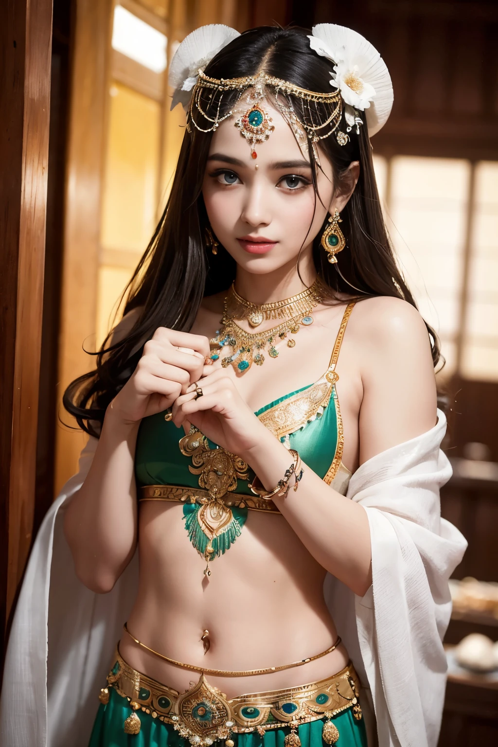 stunningly beautiful (aeolian:1.5) green eyes wlop perfect full HDR body black long hair princess in saree wear body exposed midriff bed background ,seductive expression sexy , no pants , body sweating all over , lewd , smile