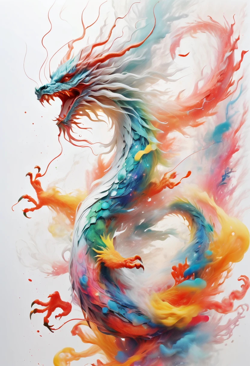 scribble art,ink splatter,wild and unrestrained,splash ink painting,Abstractionism,colorful,Blurry dreams,Dynamic energy,release creation,visual impact,modern aesthetic,Elegant and simple,Contemporary interpretation,Be bold,White background,Lots of white space,masterpiece, Best quality ultra-realistic mix fantasy,(1 Eastern Dragon:1.1) Behind an Asian woman holding a glowing sword,