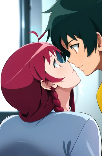 1girl, 1boy, yusa emi, maou sadao, couple, kiss, looking at another, happy,    highres, absurdres,