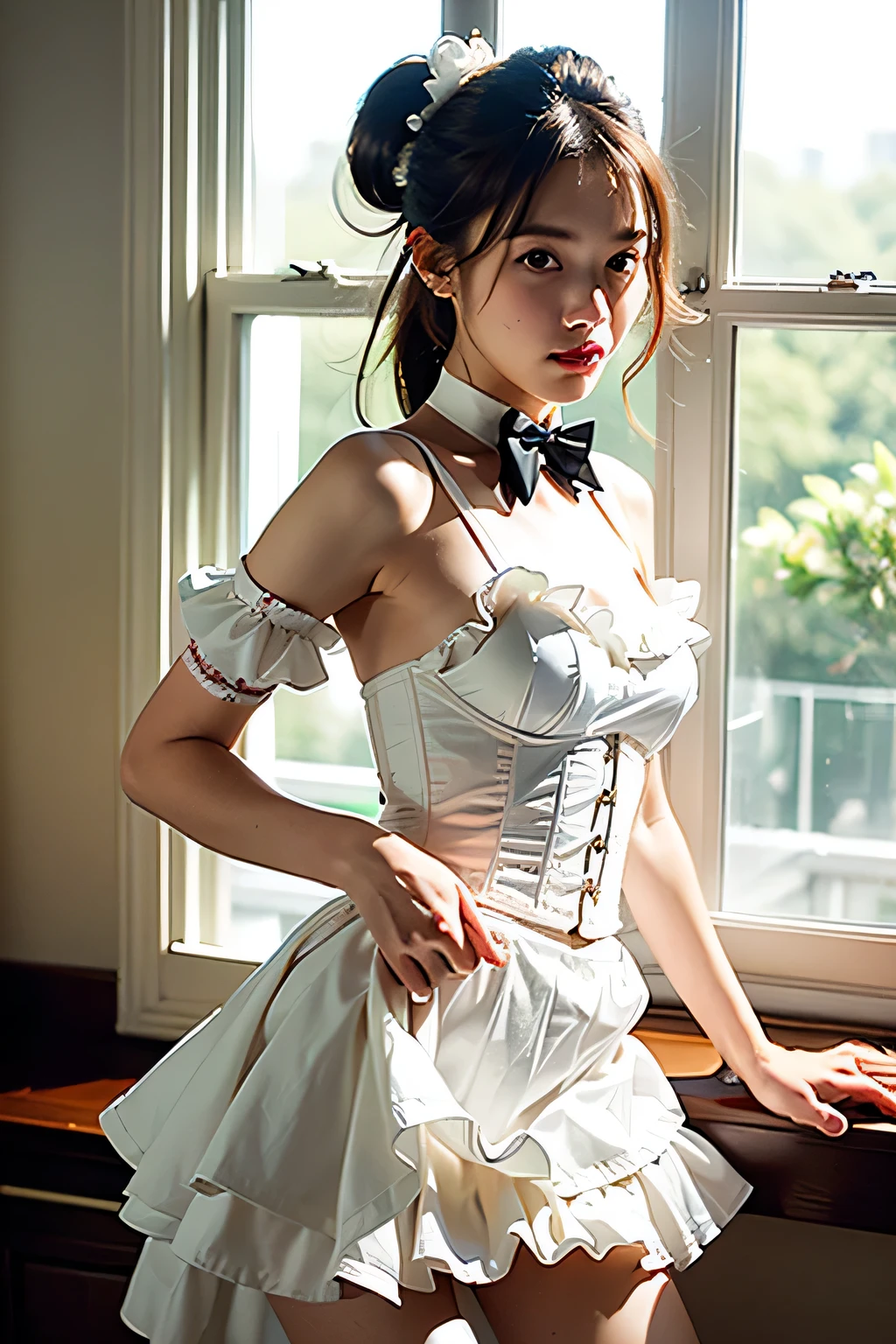 ((table top)),(((highest quality))),((超become familiar withな)),((((realistic)))),((messy hair)),((frills)),(one woman),(alone), (I focus),lipstick,dynamic angle,Big sleeves,floating,美しいbecome familiar with空,Water with beautiful details,beautiful and delicate eyes,exposed,(fist),Expressionless,Side Brand Van,Rabbit between the eyes,ribbon,A bow tie,button,bare shoulders,(((small breasts))),become familiar with,Blanc Stare,pleated skirt,flowers、((White corset suit))、(((By the window in a dimly lit luxury hotel bedroom)))､(Try it yourself Skirt lift:1.5), 