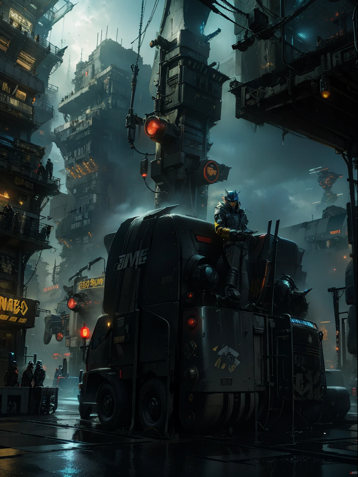 Optimus Prime, Bumblebee, Transformers, Cyberpunk style, cyberpunk futuristic megacity in the background, raining, neon lights, 8K, UHD