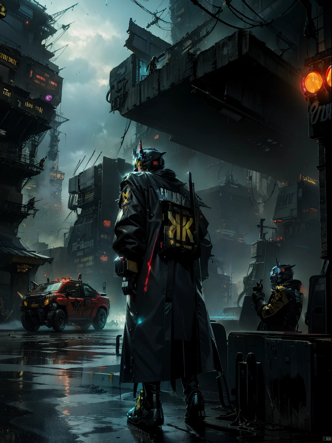 Optimus Prime, Bumblebee, Transformers, Cyberpunk style, cyberpunk futuristic megacity in the background, raining, neon lights, 8K, UHD
