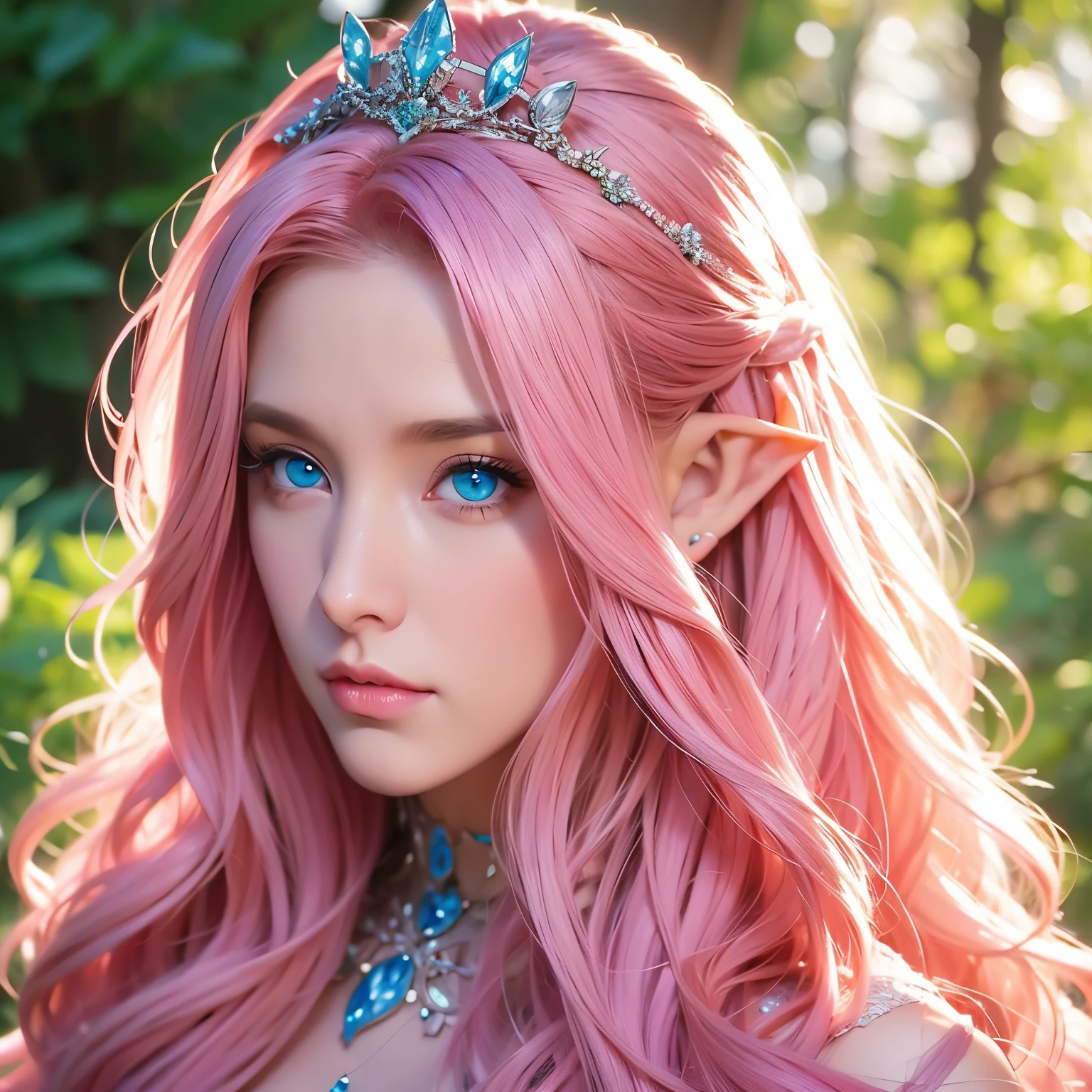 Woman, long curly hair, pink hair, blue eyes, elf, queen, crown,, Elf, elf ear 